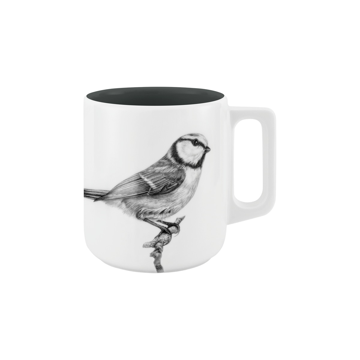 becher mit henkel . innen farbig . blaumeise auf ast .