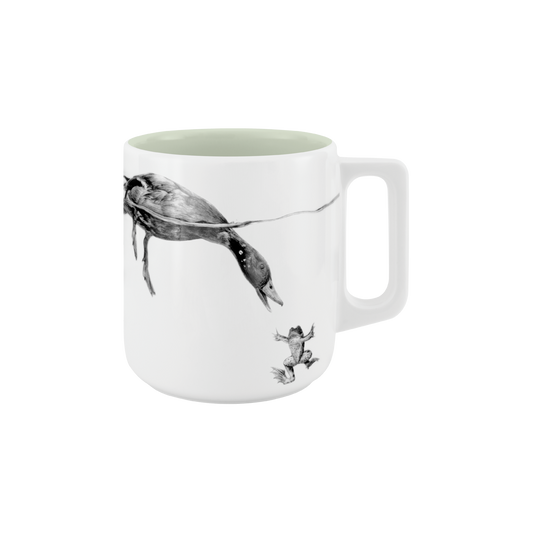 becher mit henkel . innen farbig . ente grüßt frosch .