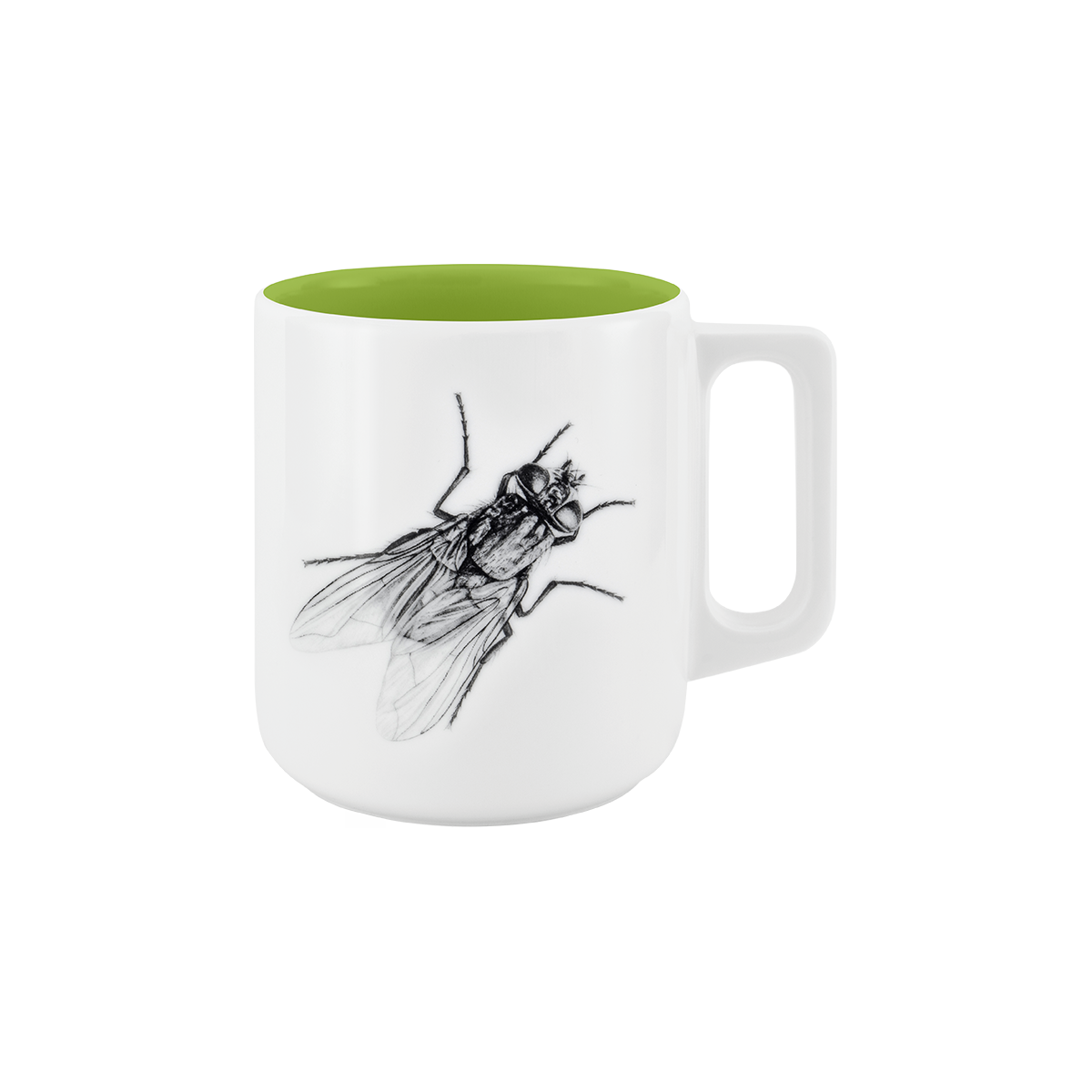 becher mit henkel . innen farbig . fliege .