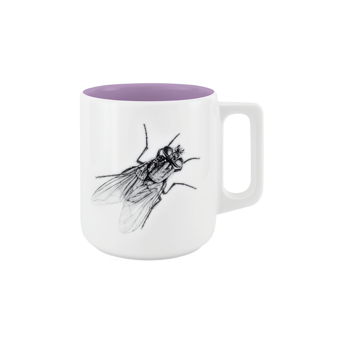 becher mit henkel . innen farbig . fliege .