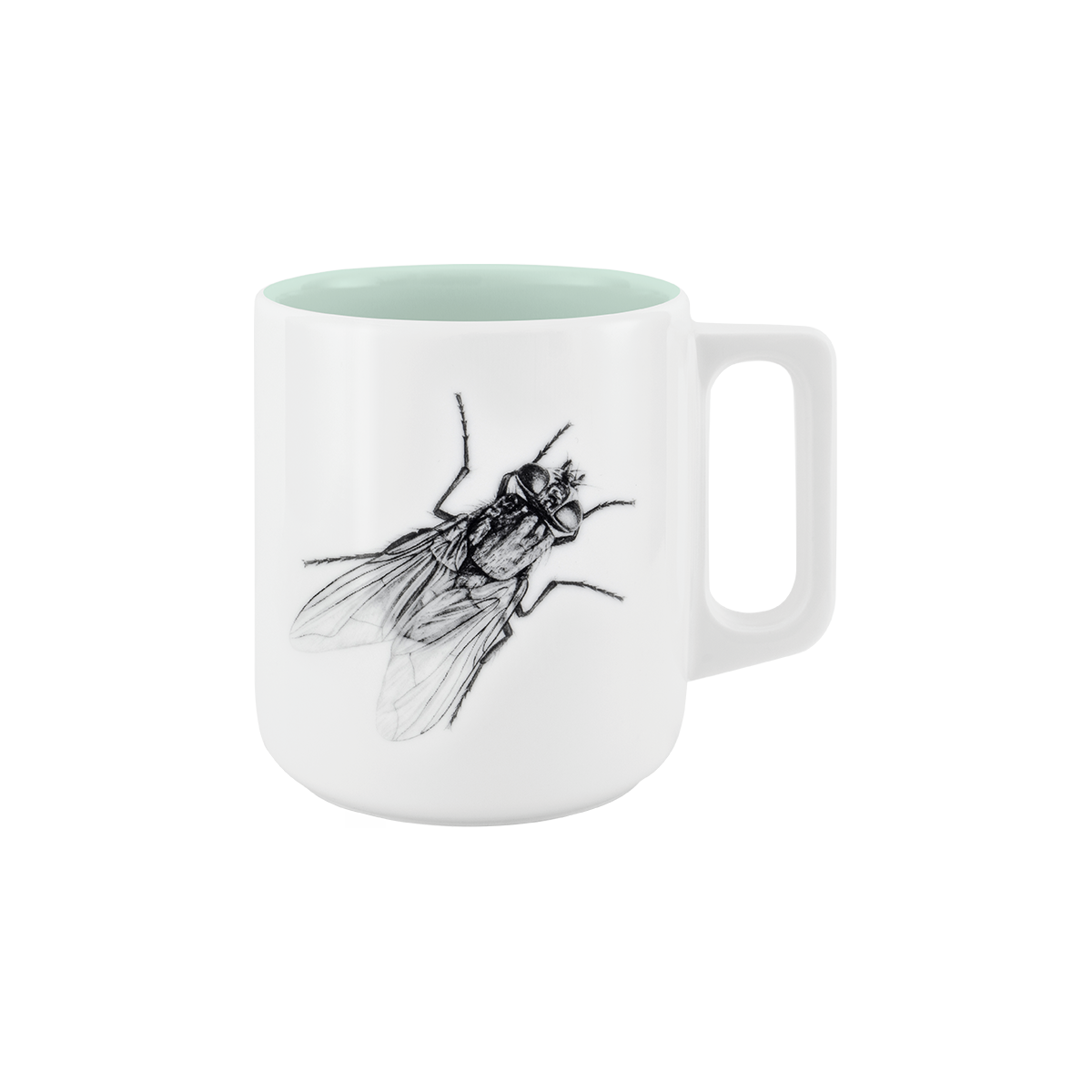 becher mit henkel . innen farbig . fliege .