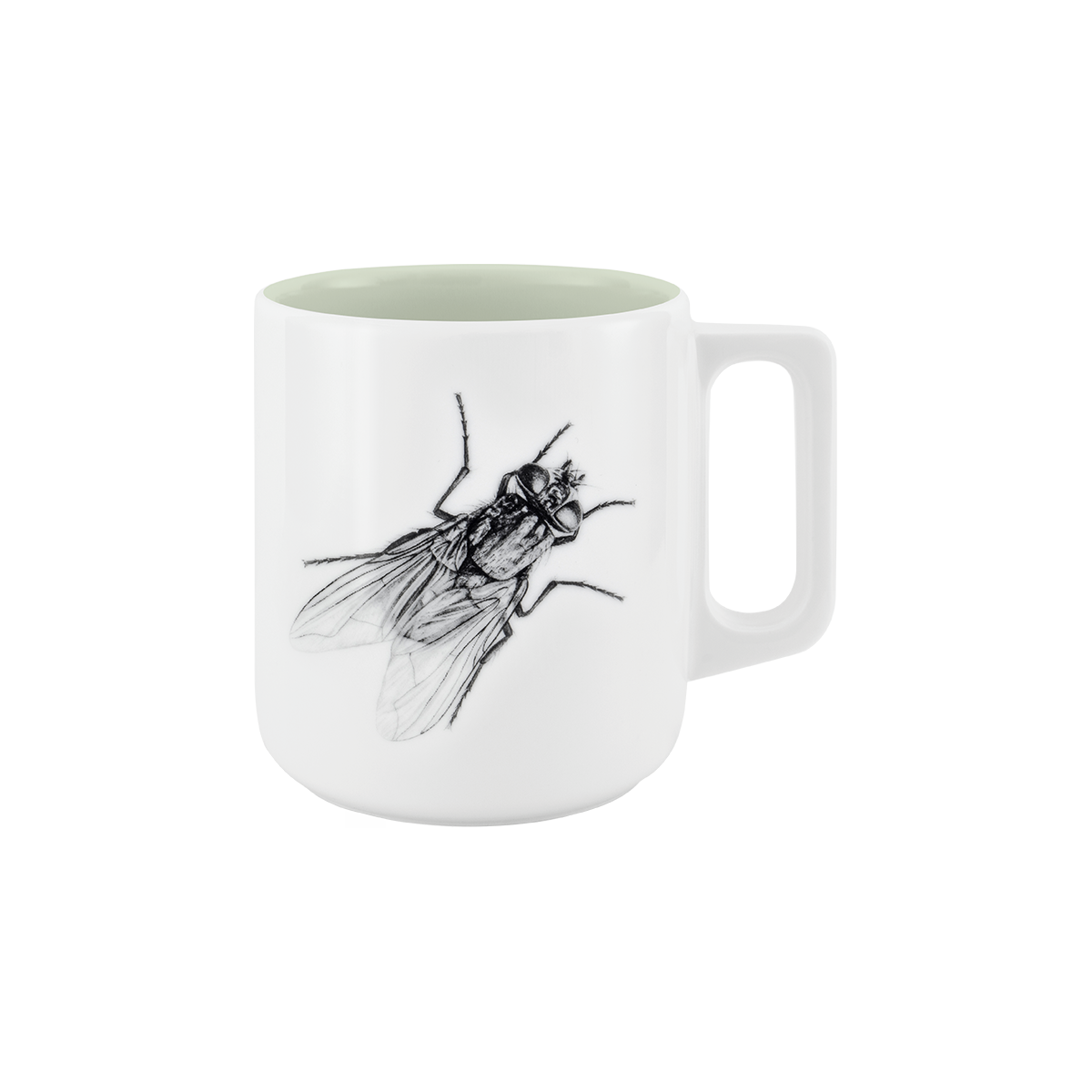 becher mit henkel . innen farbig . fliege .