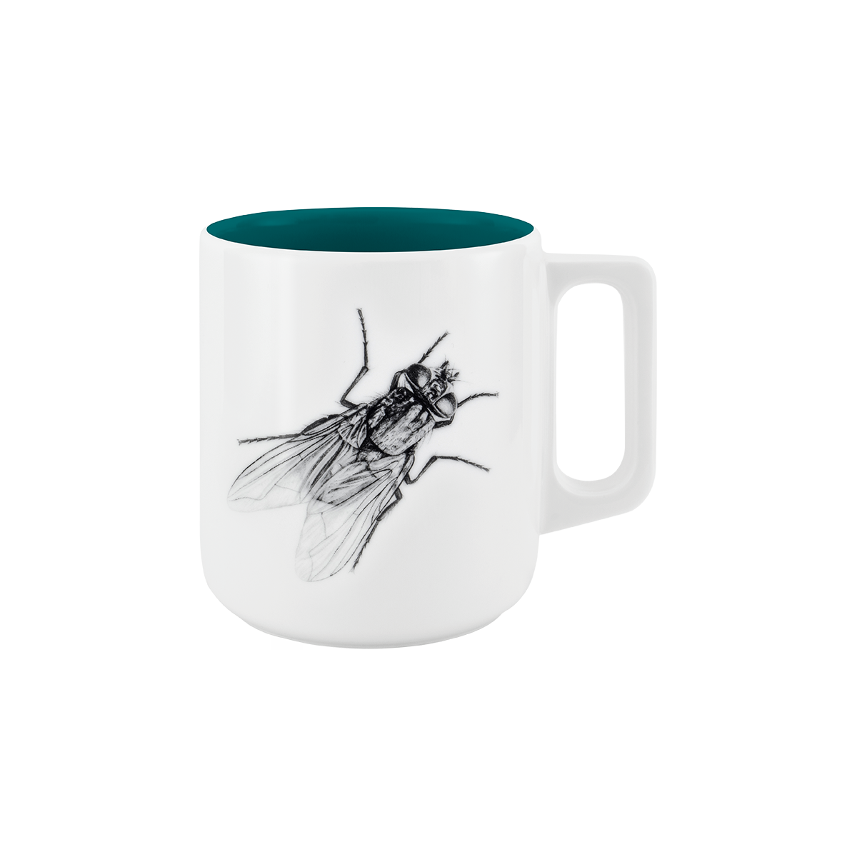 becher mit henkel . innen farbig . fliege .