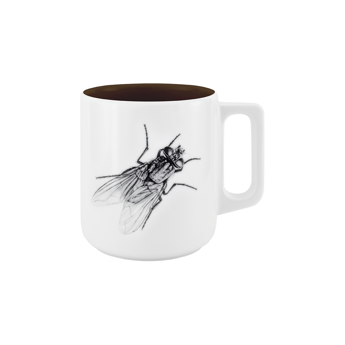 becher mit henkel . innen farbig . fliege .