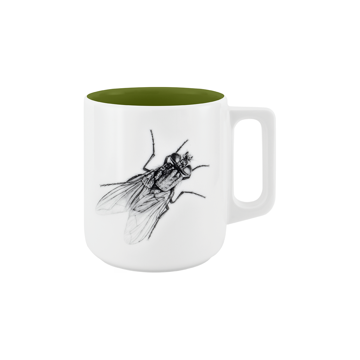 becher mit henkel . innen farbig . fliege .