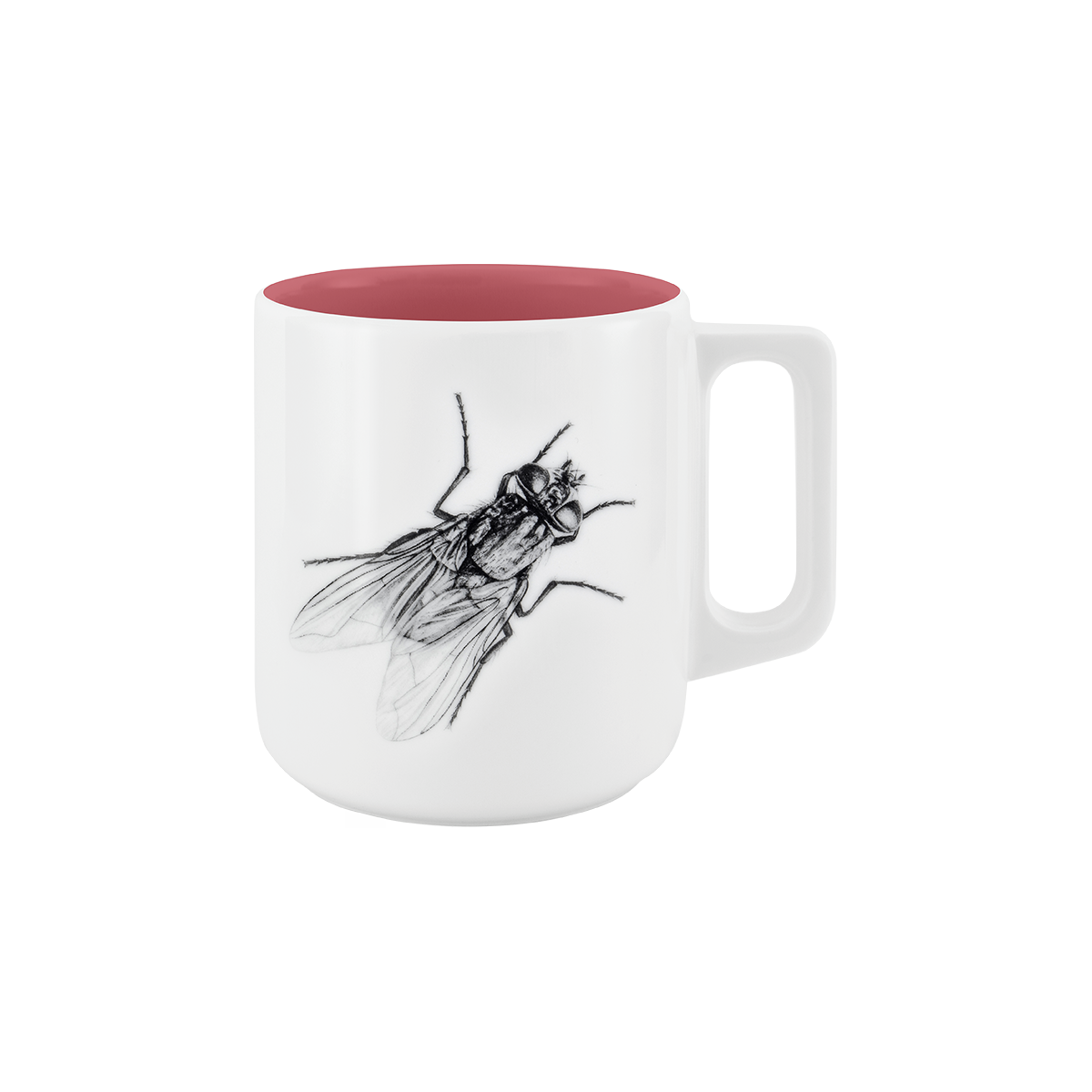 becher mit henkel . innen farbig . fliege .