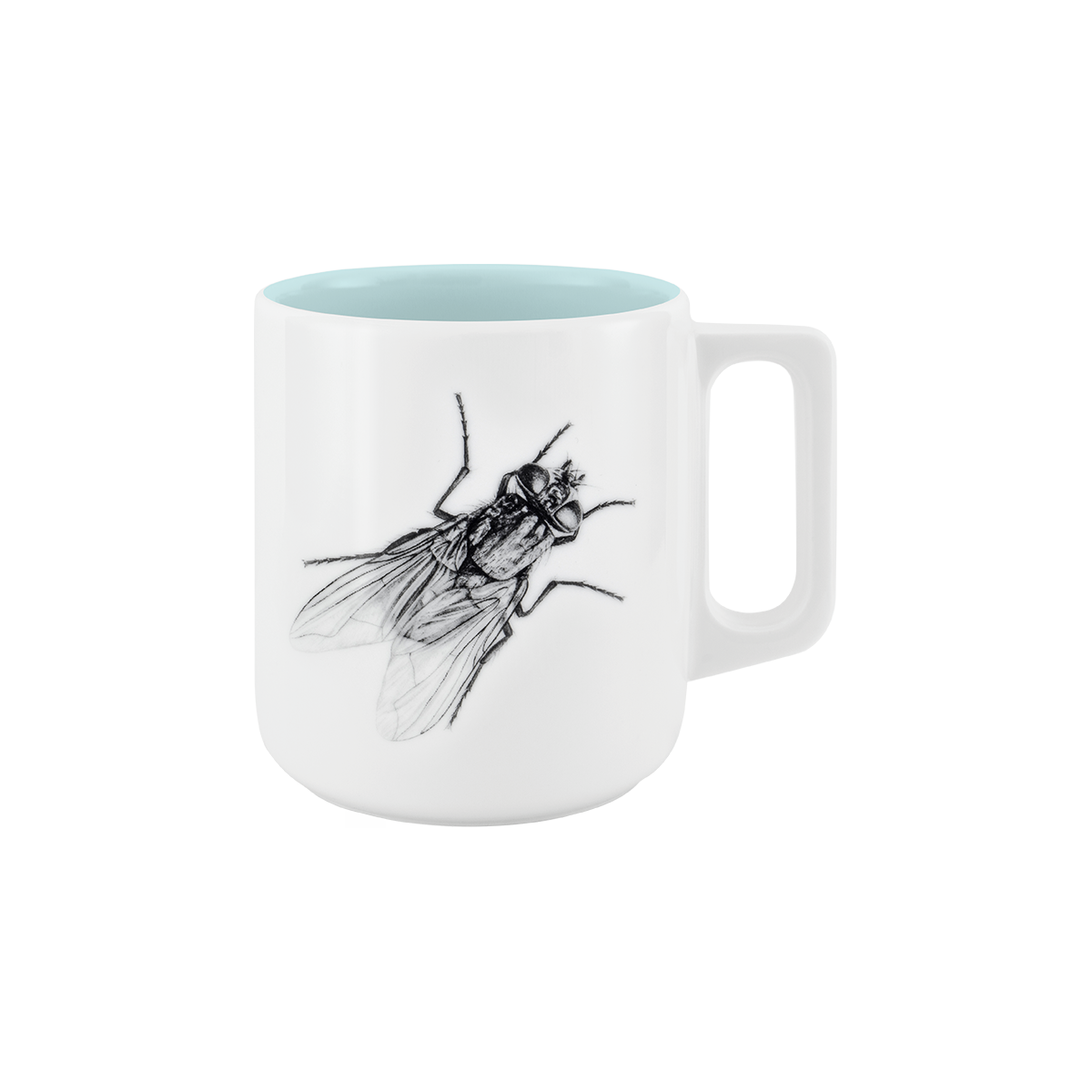 becher mit henkel . innen farbig . fliege .