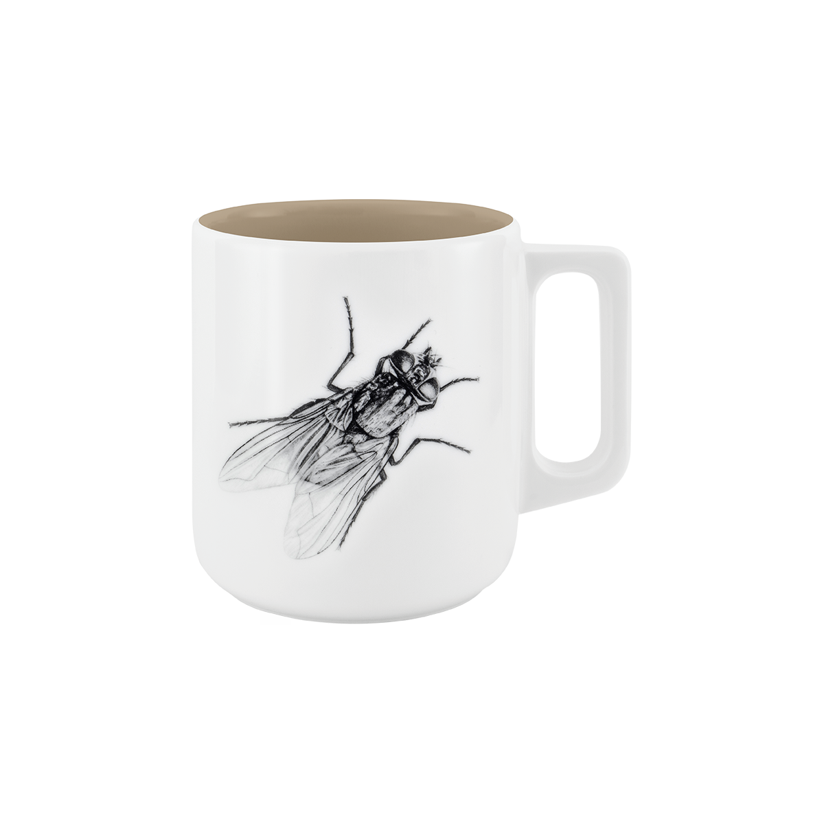 becher mit henkel . innen farbig . fliege .