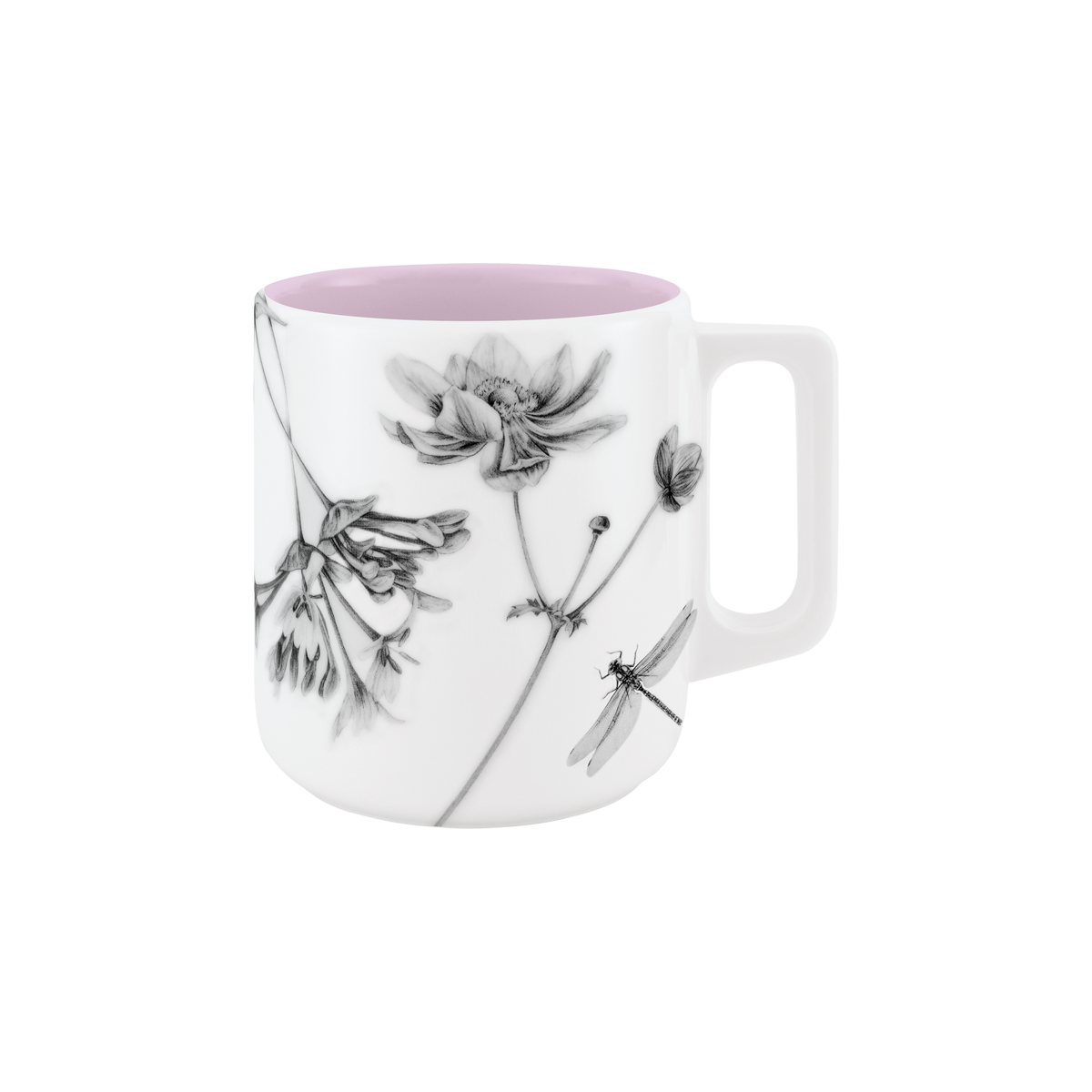 becher mit henkel . innen farbig . im garten .