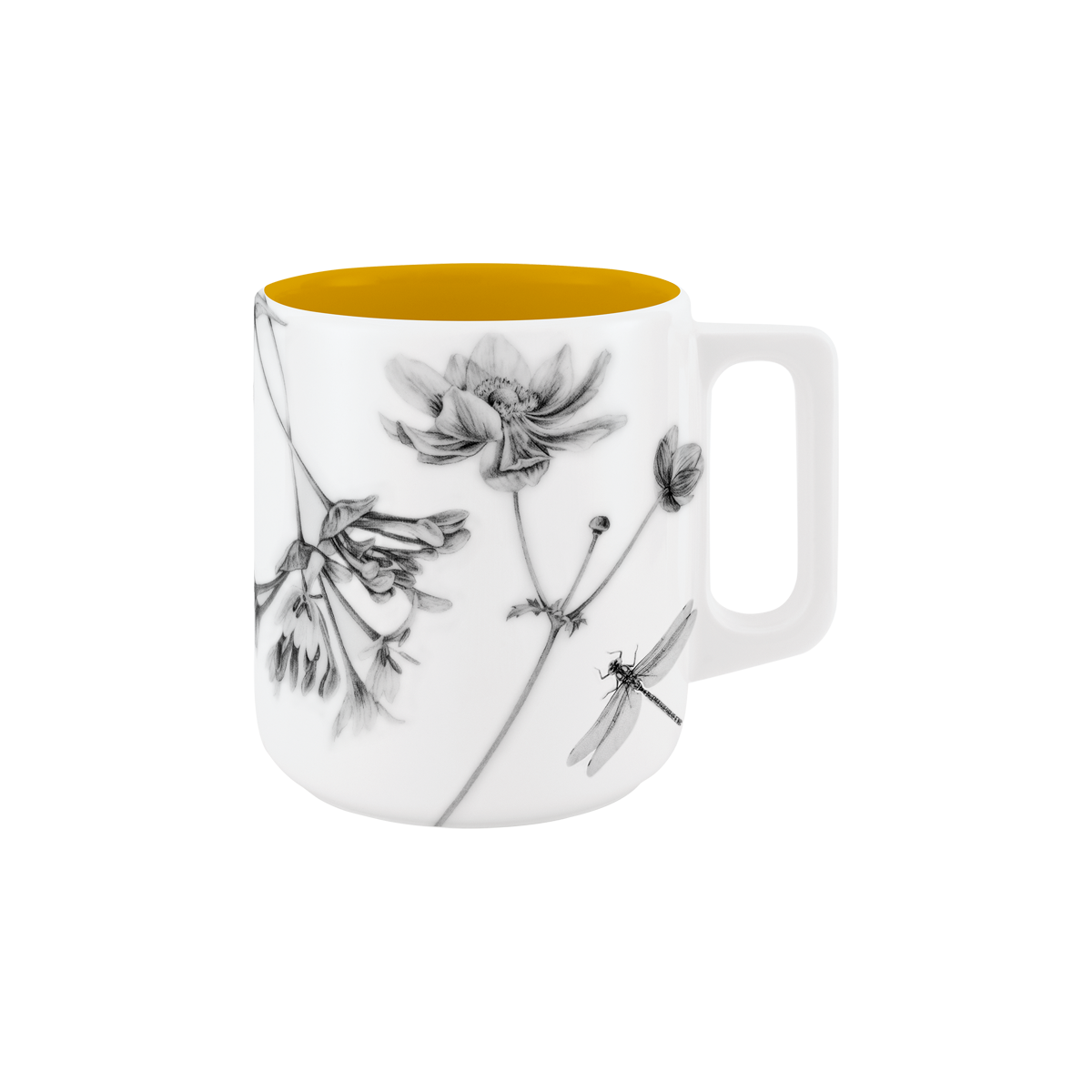 becher mit henkel . innen farbig . im garten .