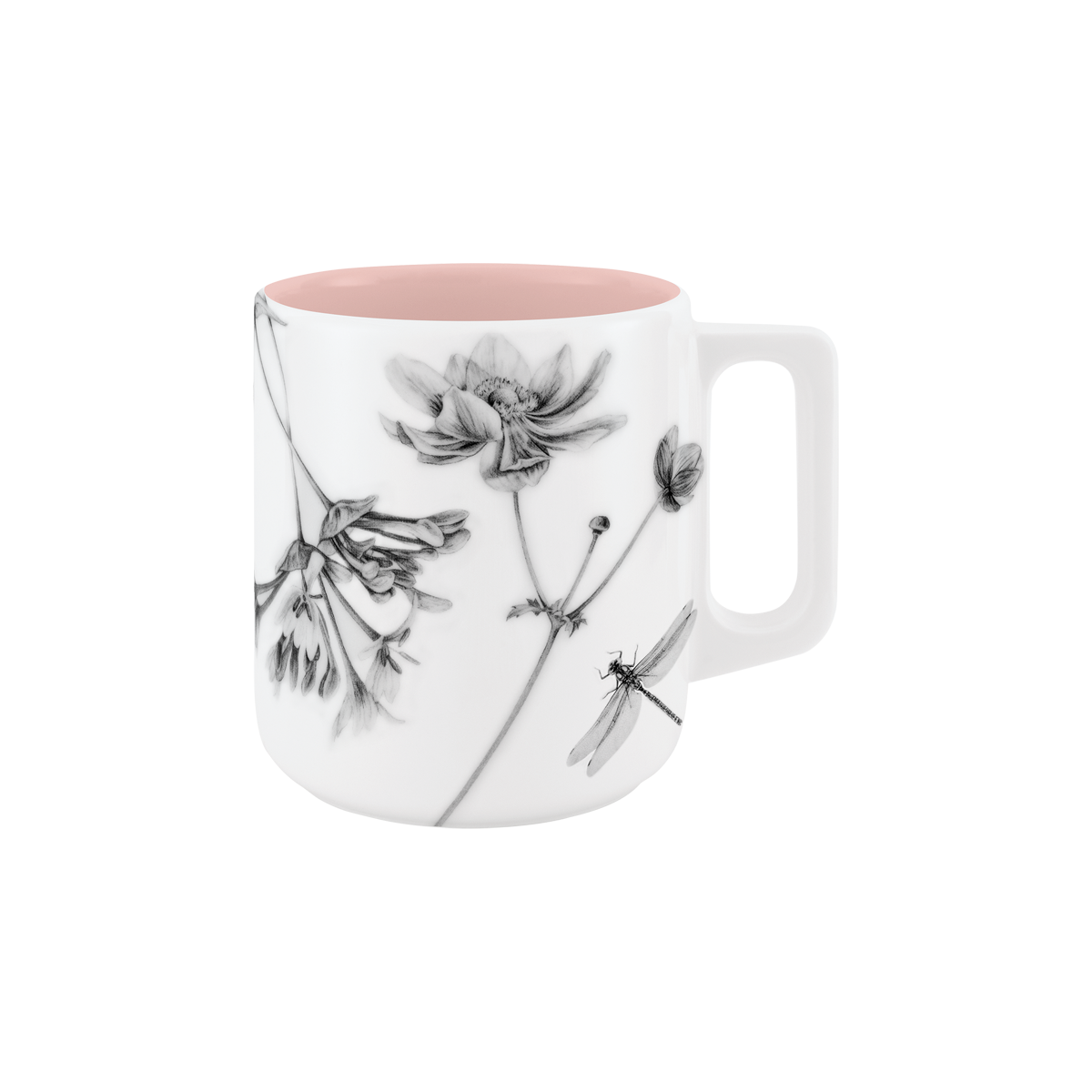 becher mit henkel . innen farbig . im garten .