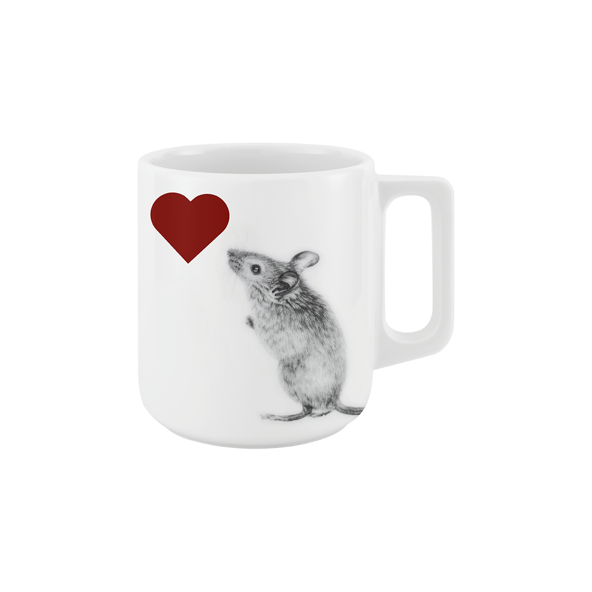 Weiße Porzellantasse mit Mausmotiv und rotem Herz