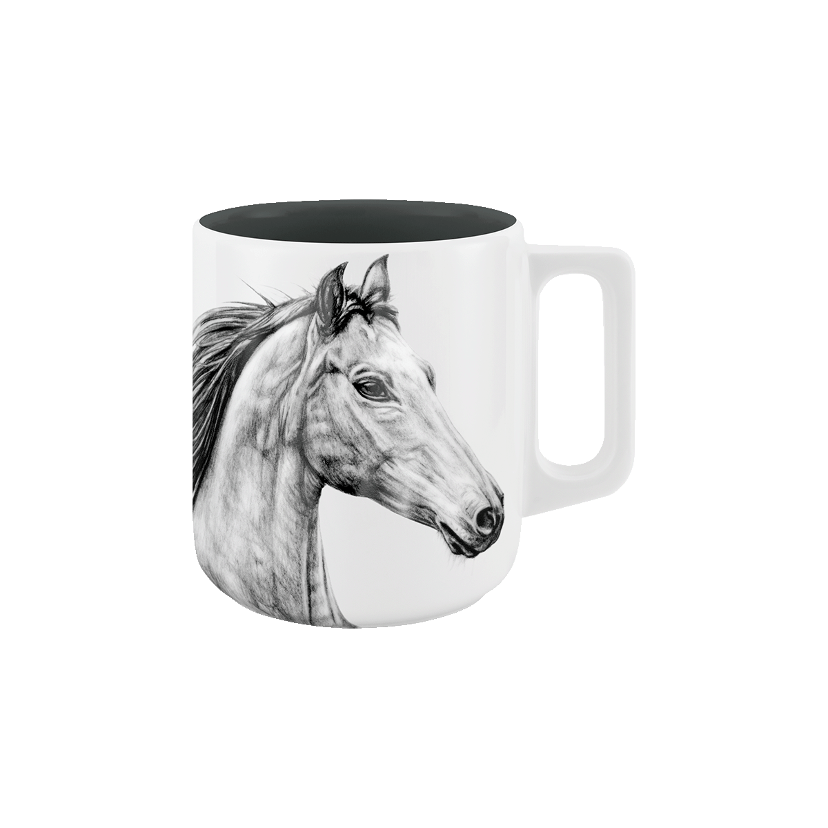 becher mit henkel . innen farbig . pferd .