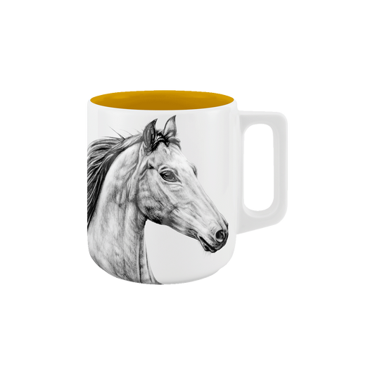 becher mit henkel . innen farbig . pferd .