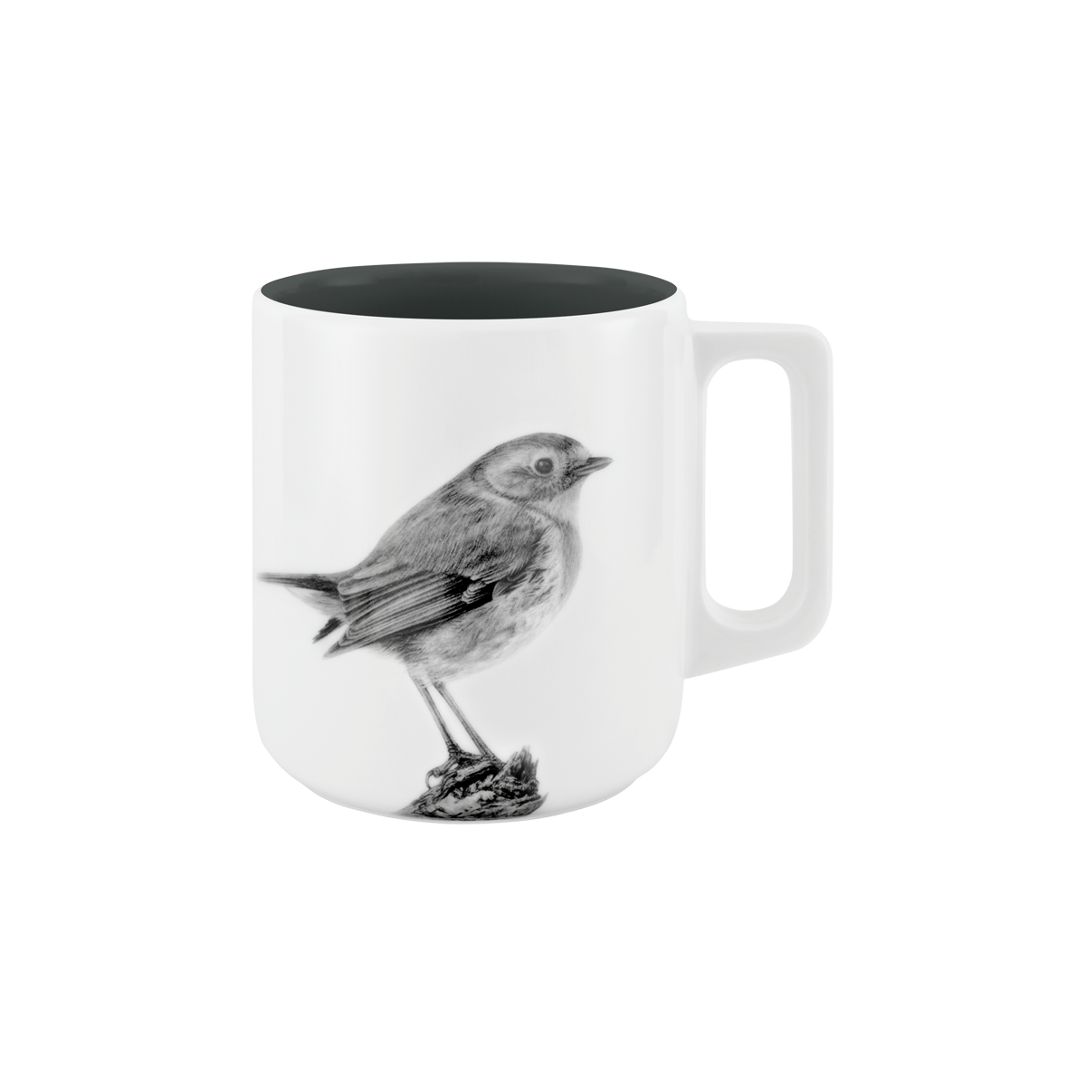 becher mit henkel . innen farbig . rotkehlchen auf ast .