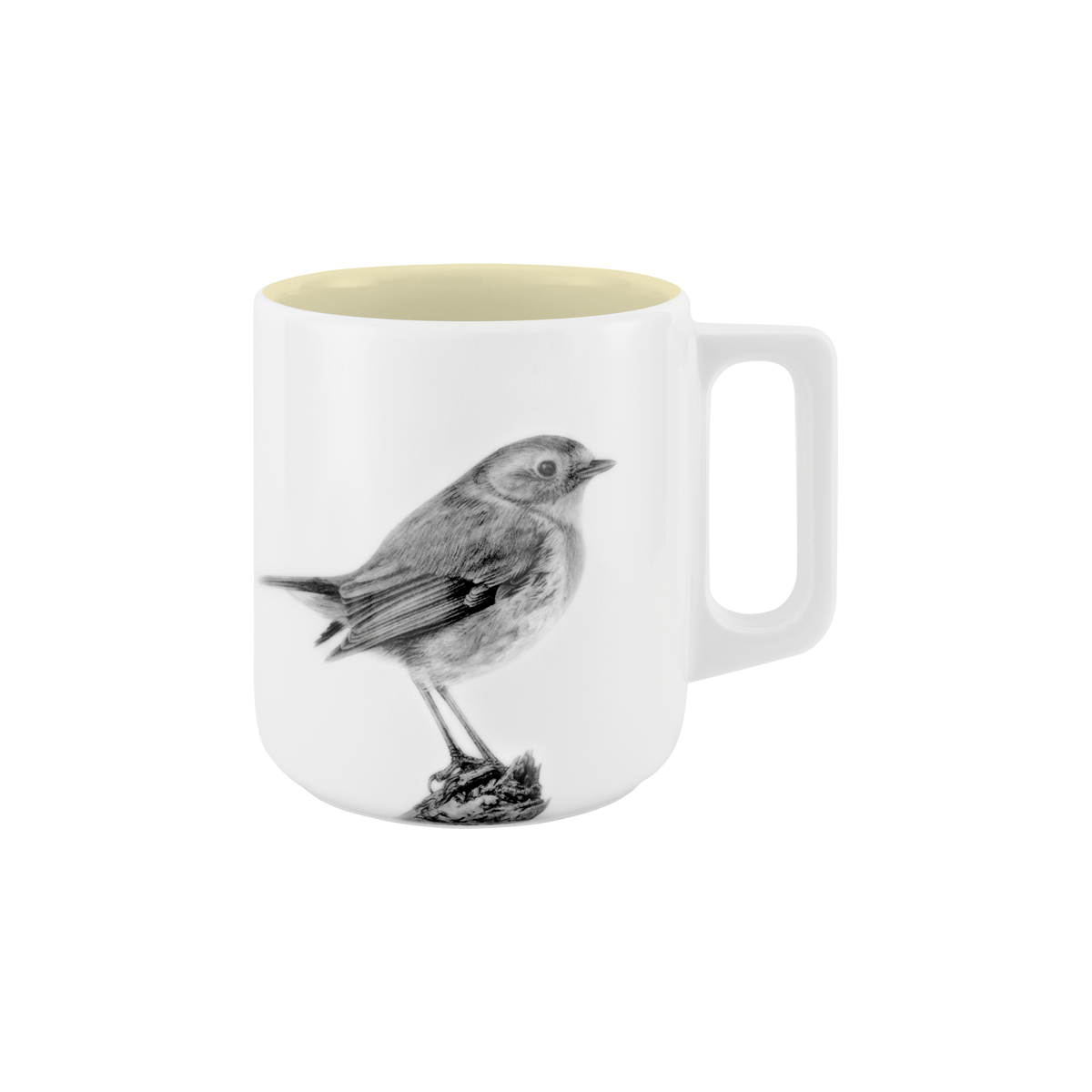 becher mit henkel . innen farbig . rotkehlchen auf ast .