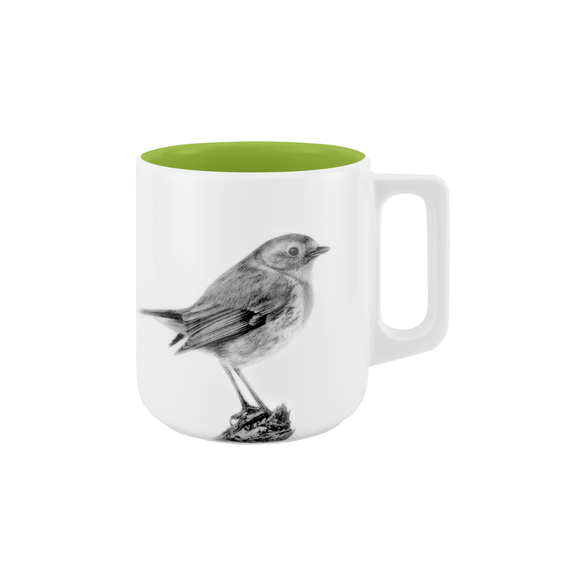 becher mit henkel . innen farbig . rotkehlchen auf ast .