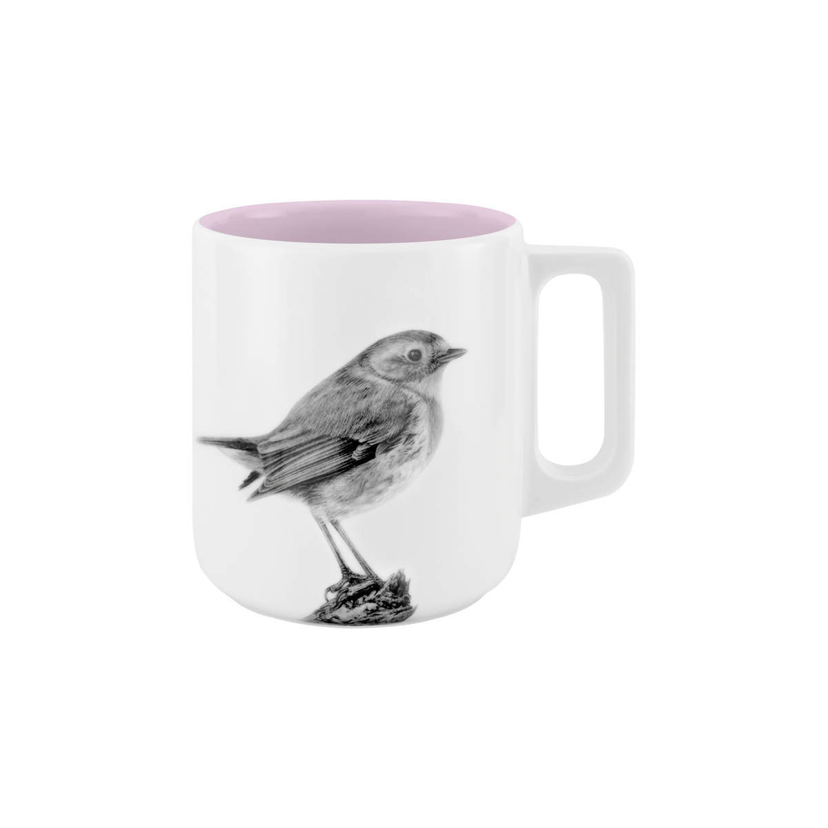 becher mit henkel . innen farbig . rotkehlchen auf ast .