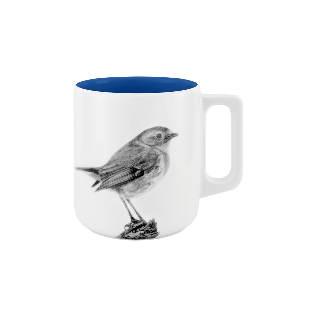 becher mit henkel . innen farbig . rotkehlchen auf ast .
