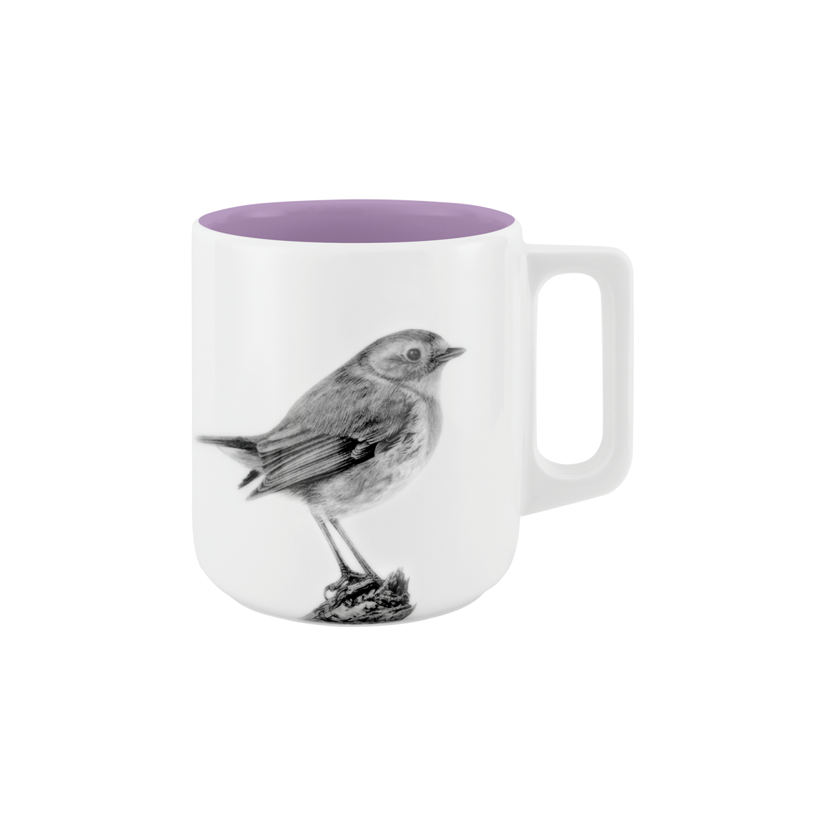 becher mit henkel . innen farbig . rotkehlchen auf ast .