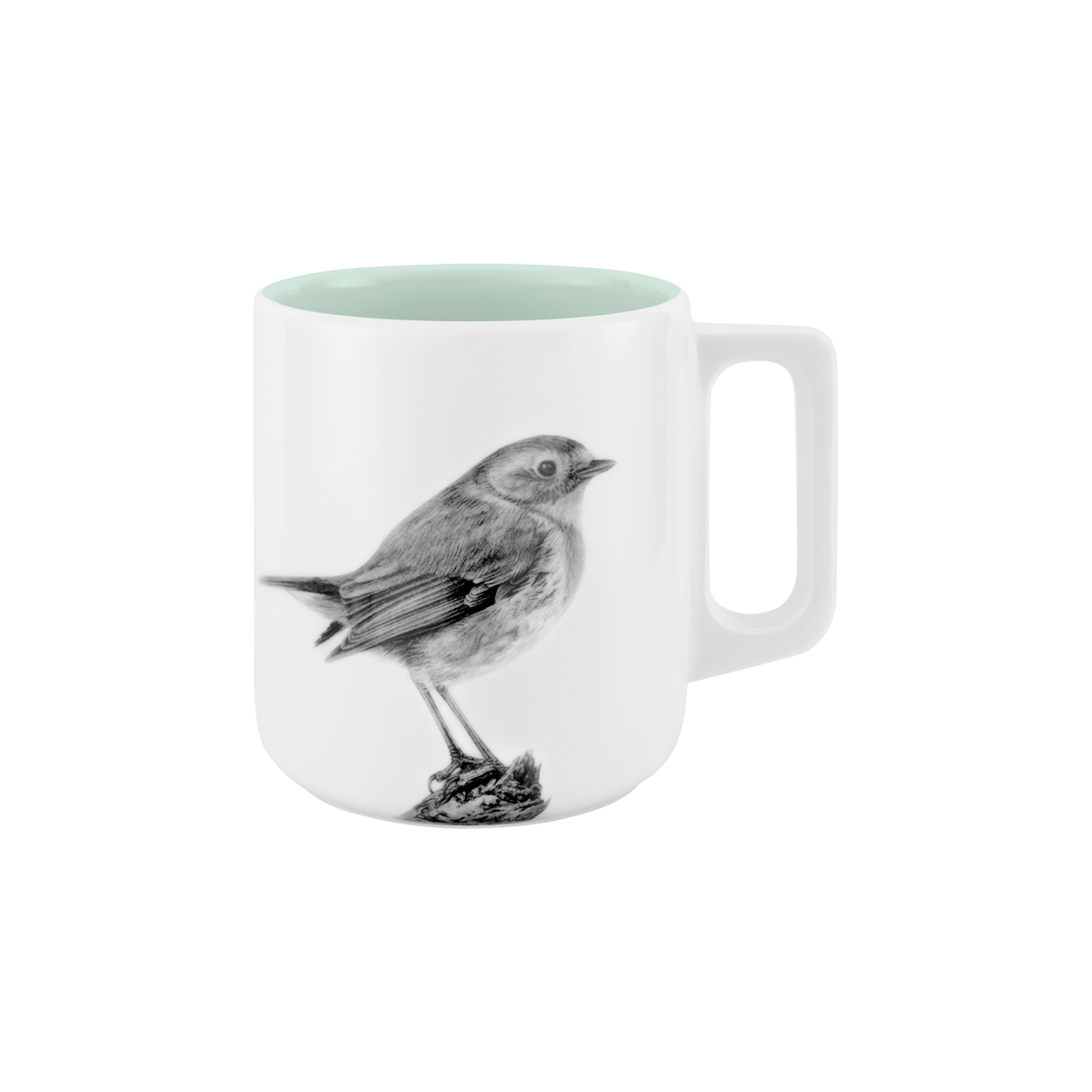 becher mit henkel . innen farbig . rotkehlchen auf ast .