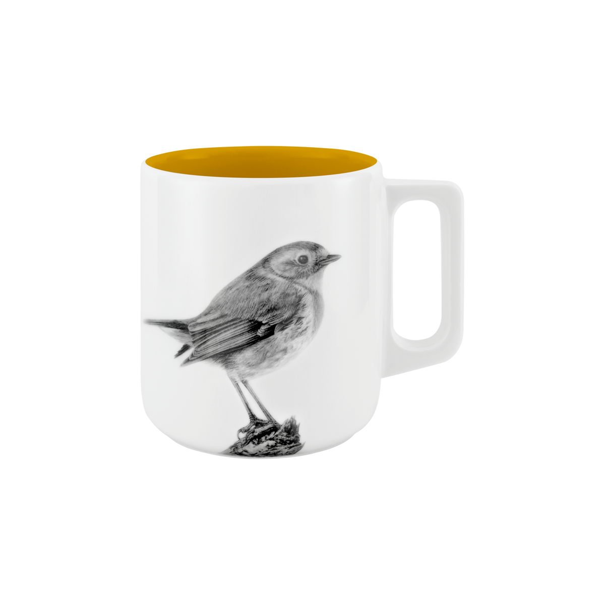 becher mit henkel . innen farbig . rotkehlchen auf ast .