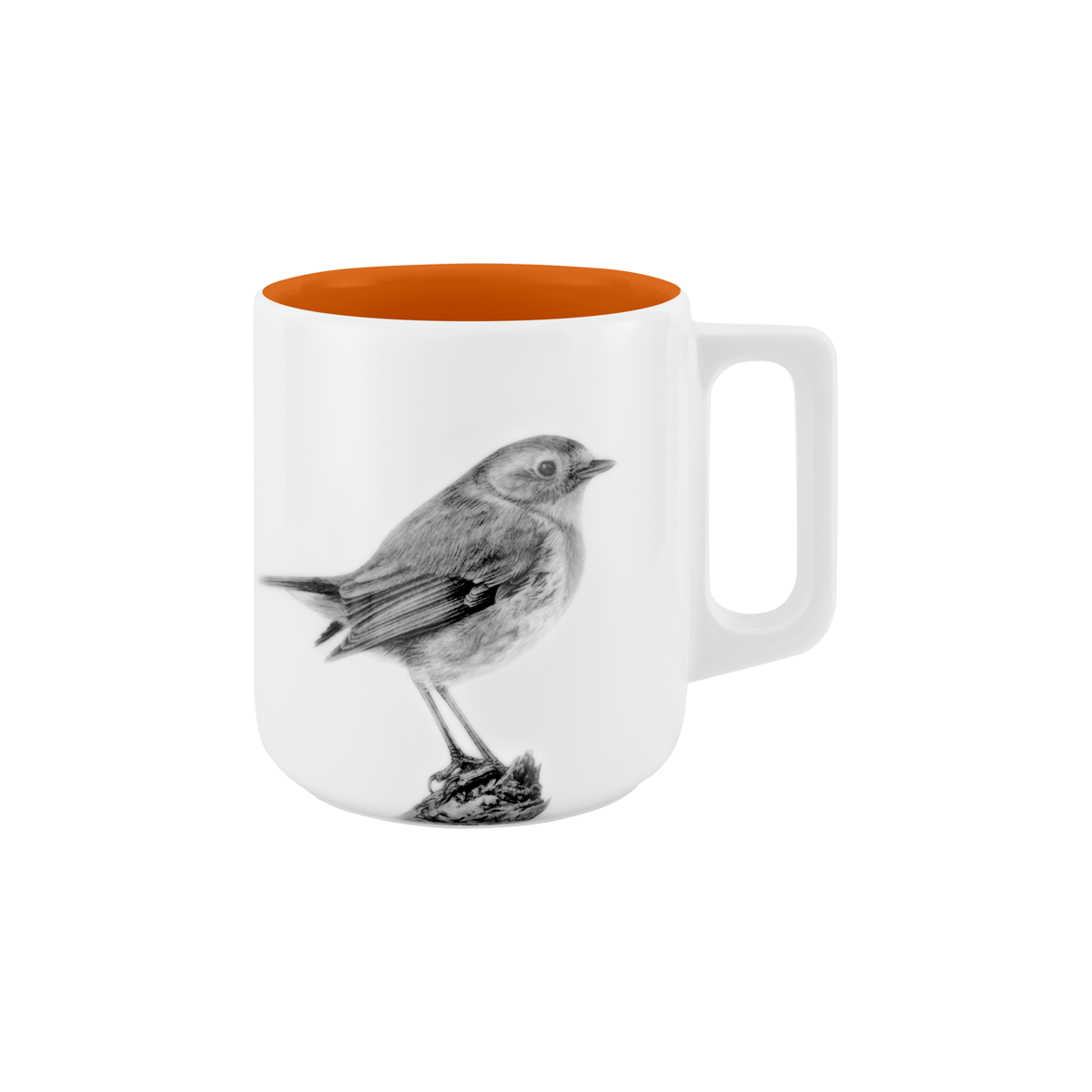 becher mit henkel . innen farbig . rotkehlchen auf ast .