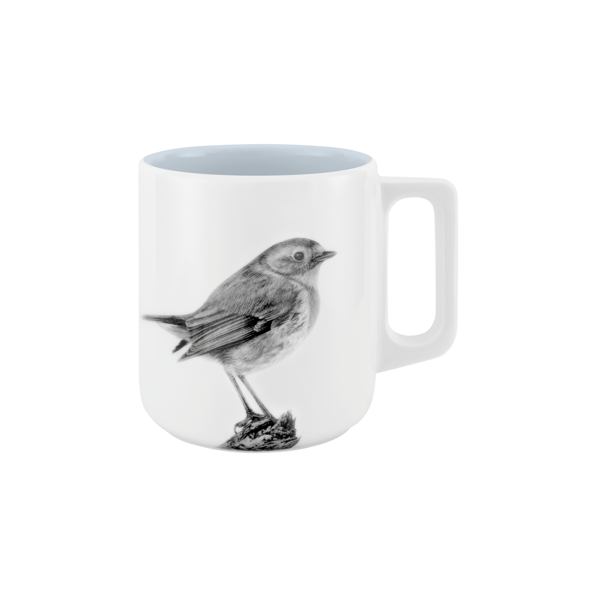 becher mit henkel . innen farbig . rotkehlchen auf ast .