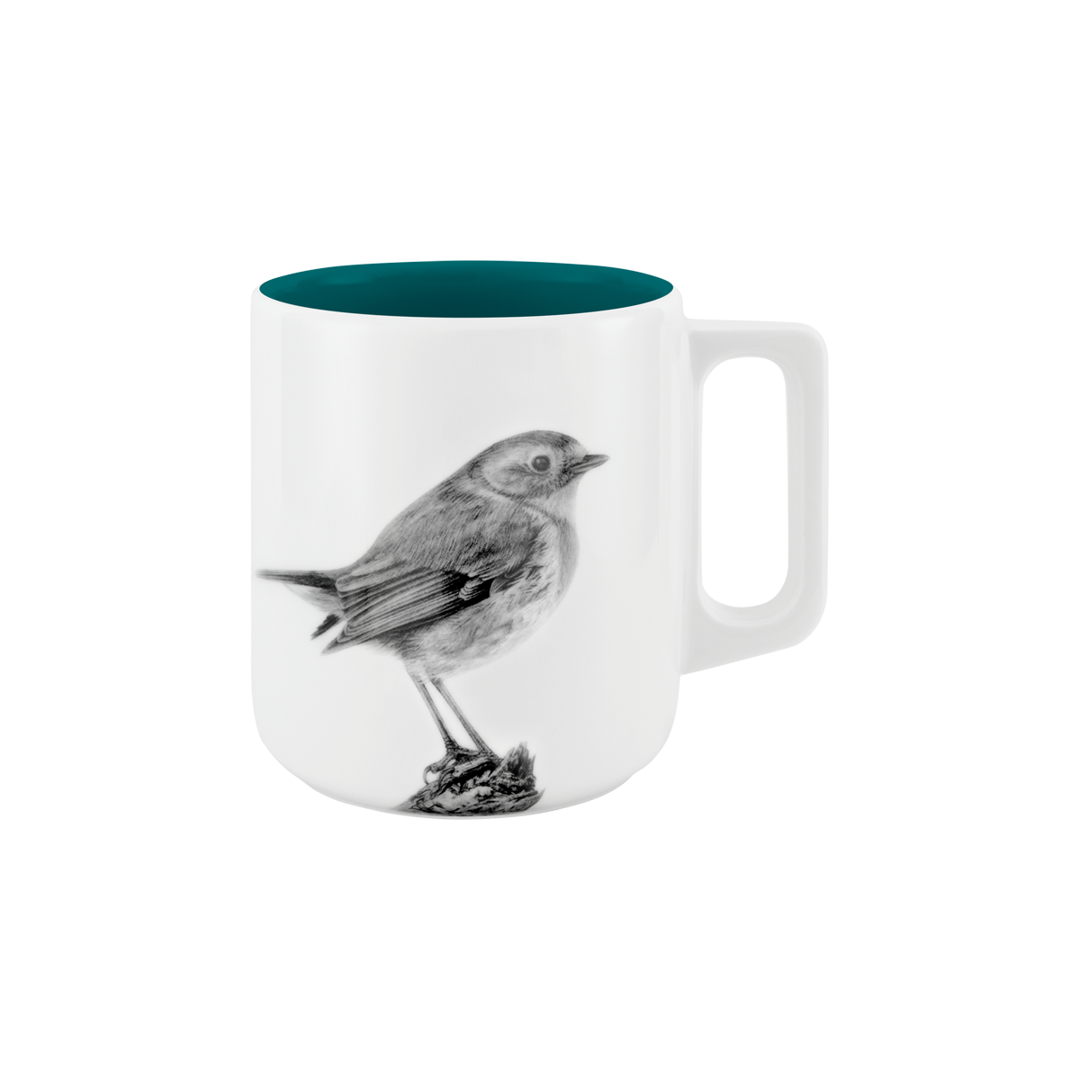 becher mit henkel . innen farbig . rotkehlchen auf ast .