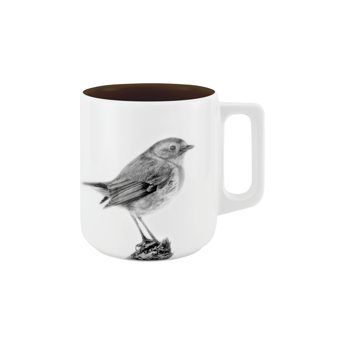 becher mit henkel . innen farbig . rotkehlchen auf ast .