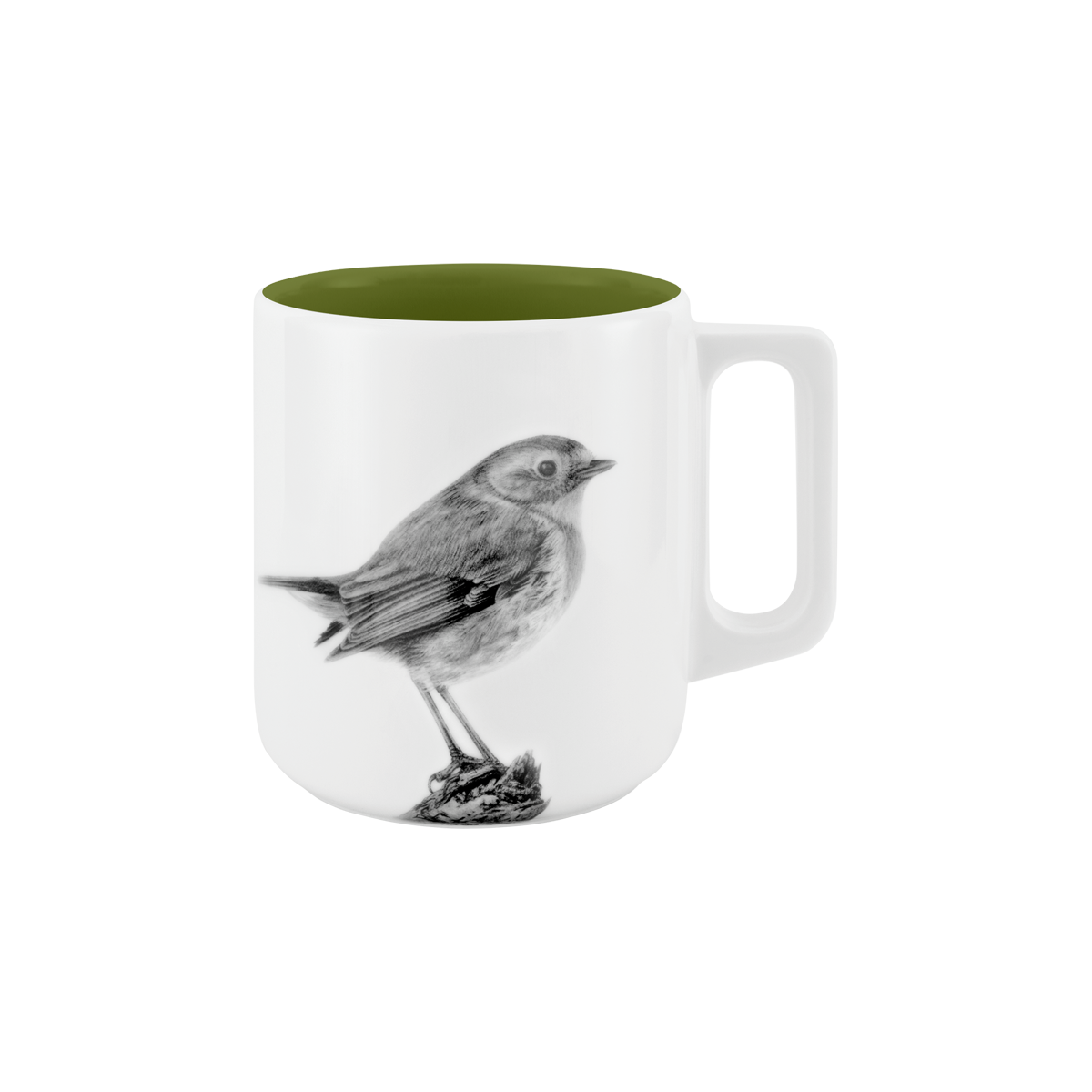 becher mit henkel . innen farbig . rotkehlchen auf ast .