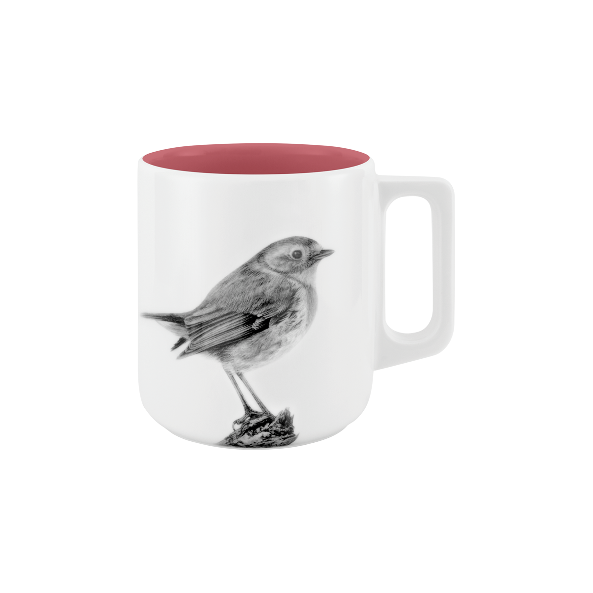 becher mit henkel . innen farbig . rotkehlchen auf ast .