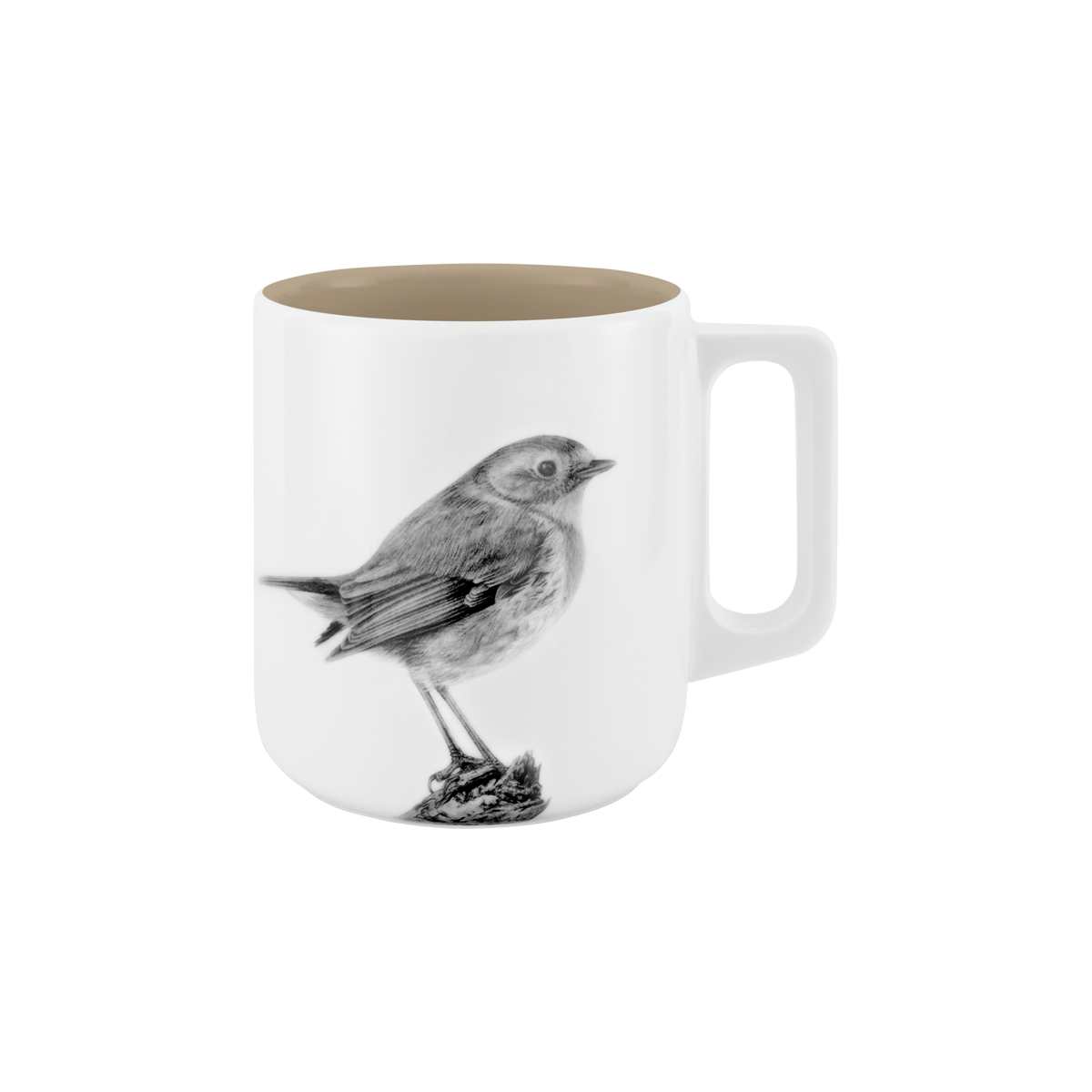 becher mit henkel . innen farbig . rotkehlchen auf ast .