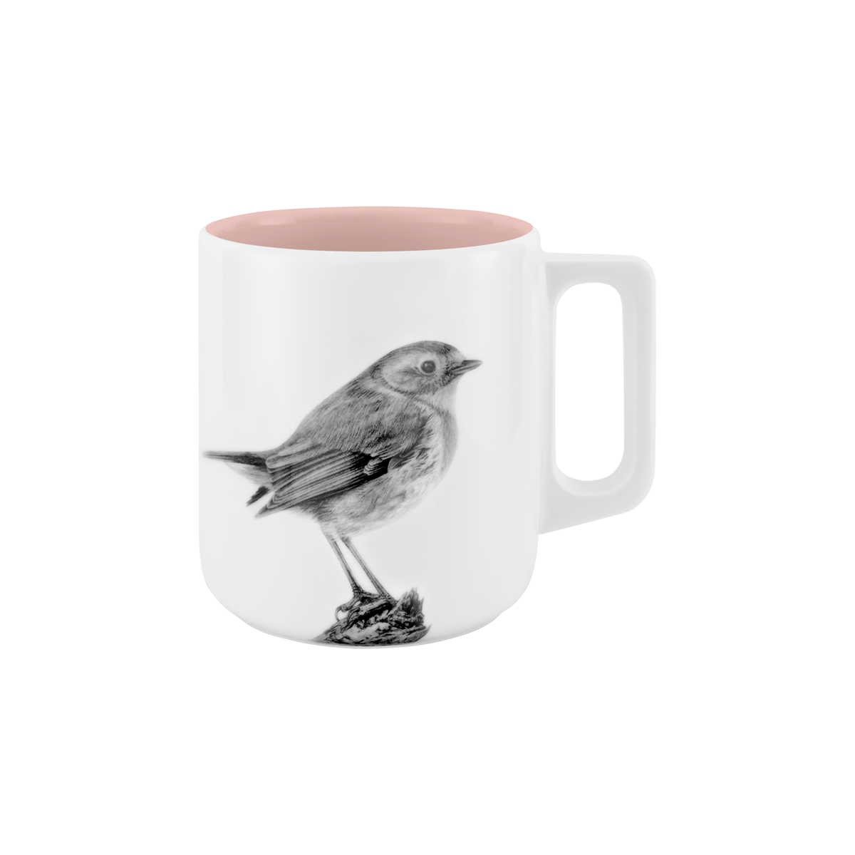 becher mit henkel . innen farbig . rotkehlchen auf ast .
