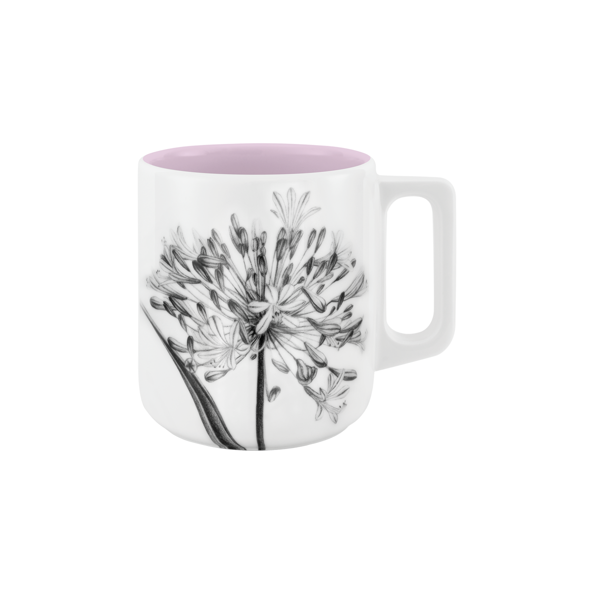 becher mit henkel . innen farbig . schmucklilie .