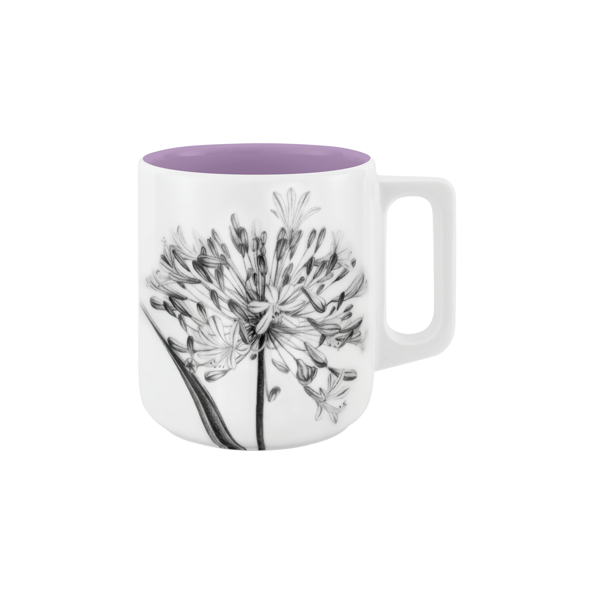 becher mit henkel . innen farbig . schmucklilie .
