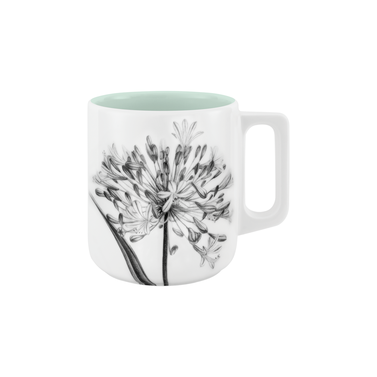 becher mit henkel . innen farbig . schmucklilie .