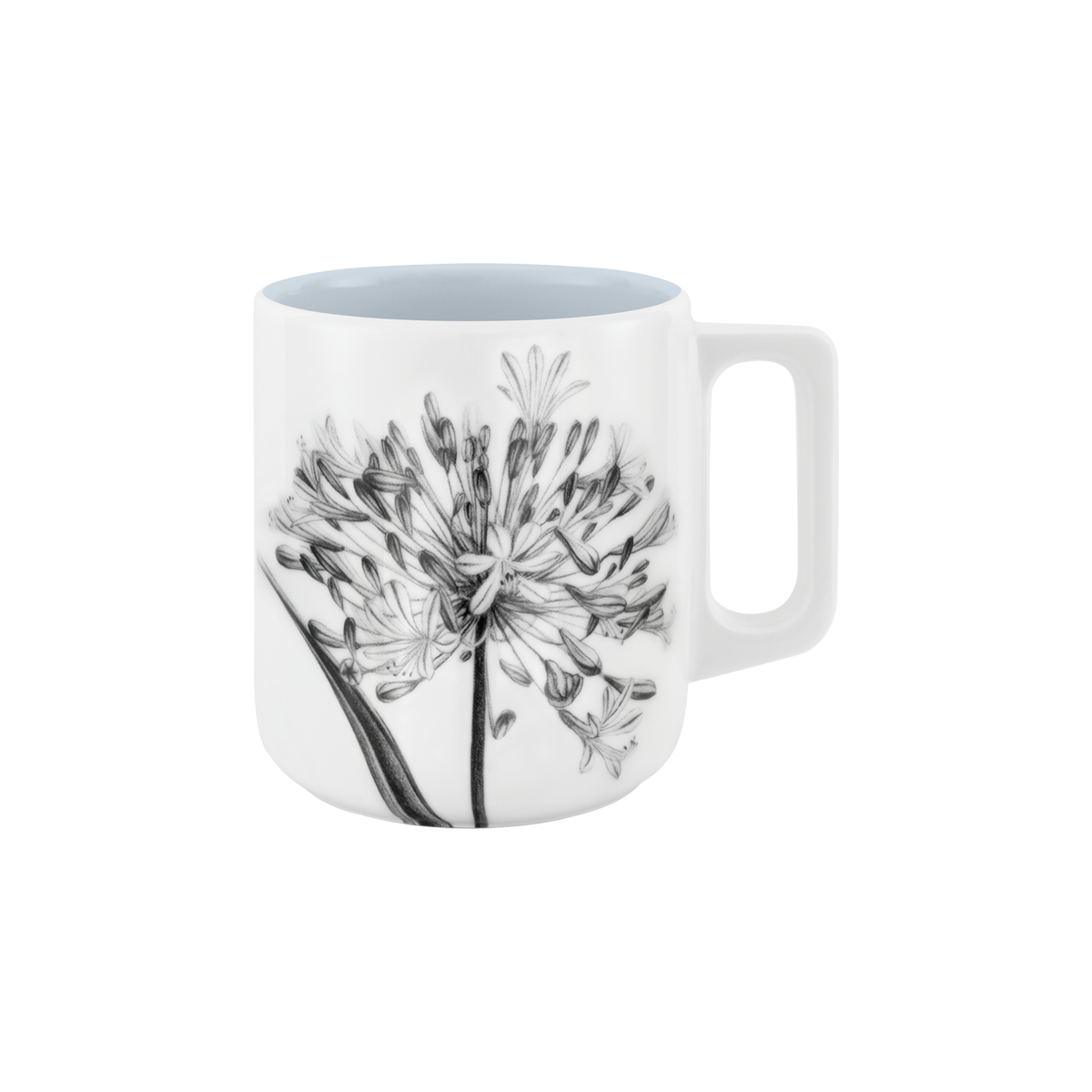 becher mit henkel . innen farbig . schmucklilie .