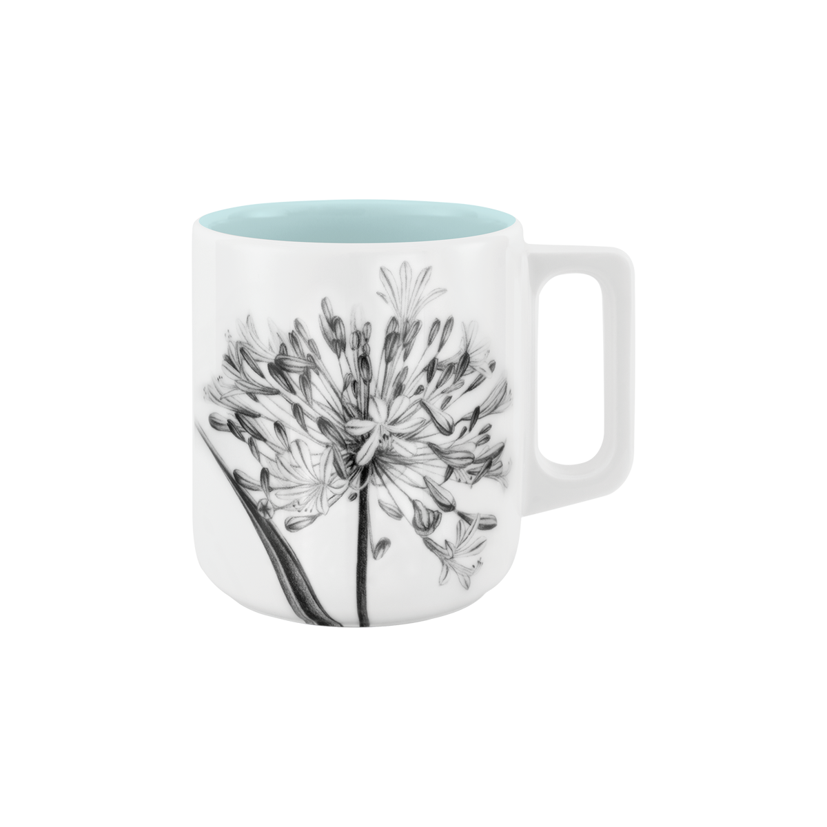 becher mit henkel . innen farbig . schmucklilie .