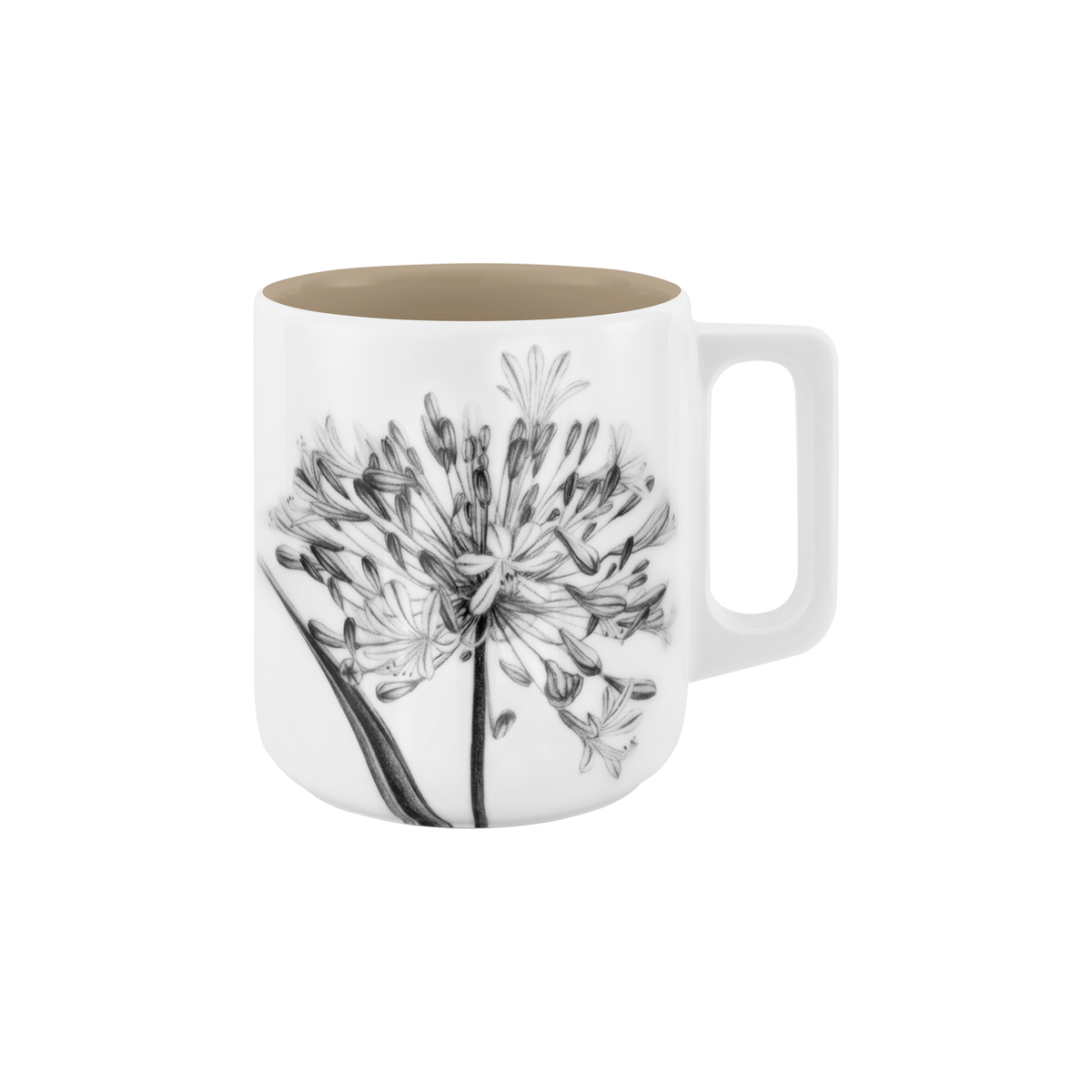 becher mit henkel . innen farbig . schmucklilie .