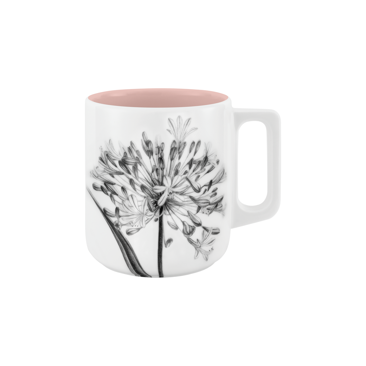 becher mit henkel . innen farbig . schmucklilie .