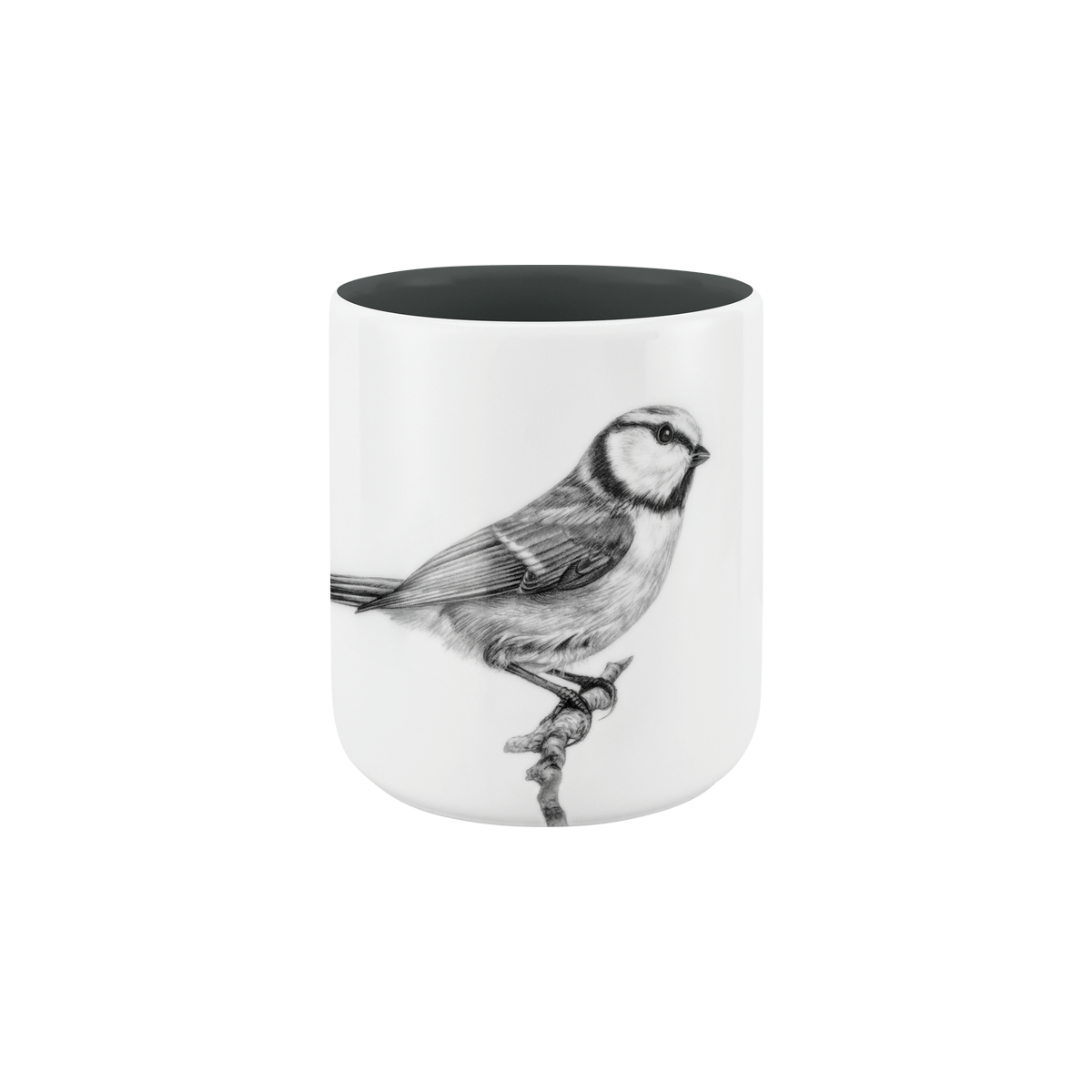 becher ohne henkel . innen farbig . blaumeise auf ast .