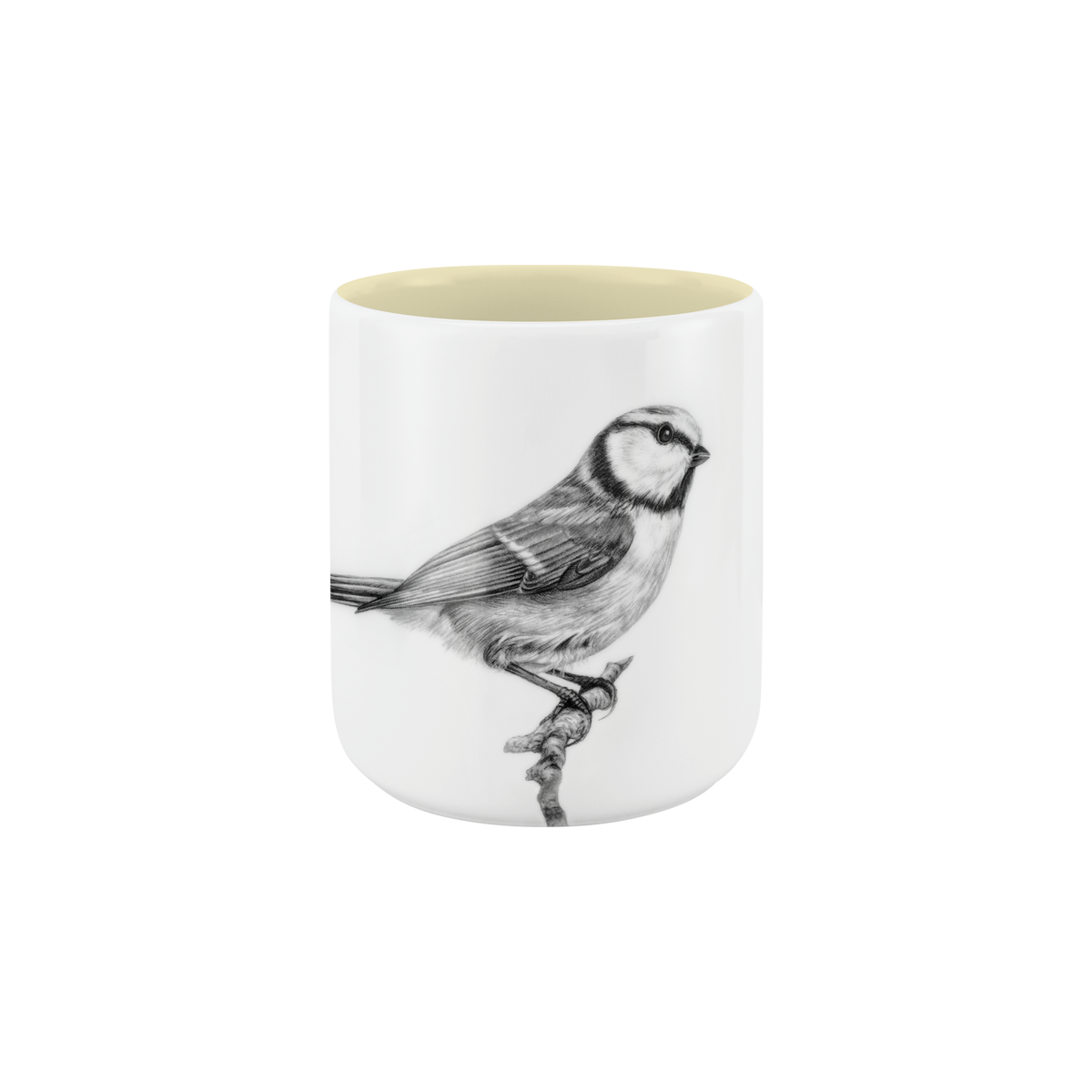 becher ohne henkel . innen farbig . blaumeise auf ast .