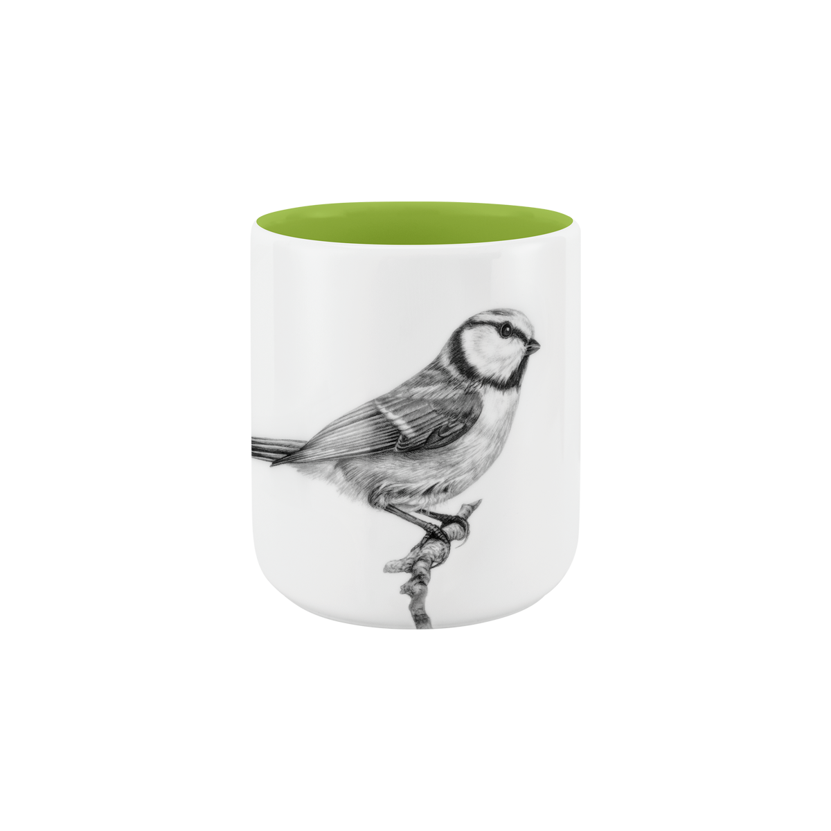 becher ohne henkel . innen farbig . blaumeise auf ast .