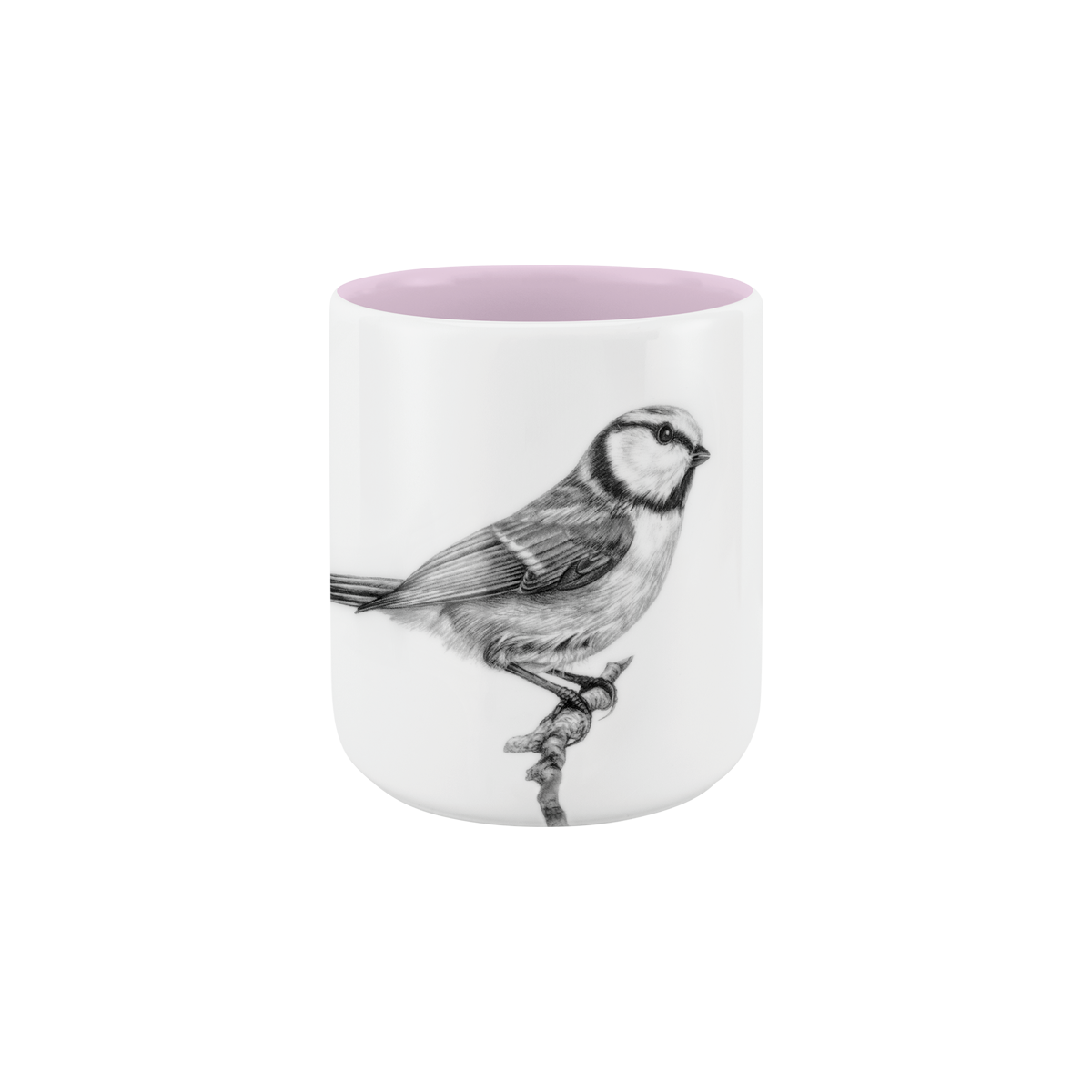 becher ohne henkel . innen farbig . blaumeise auf ast .