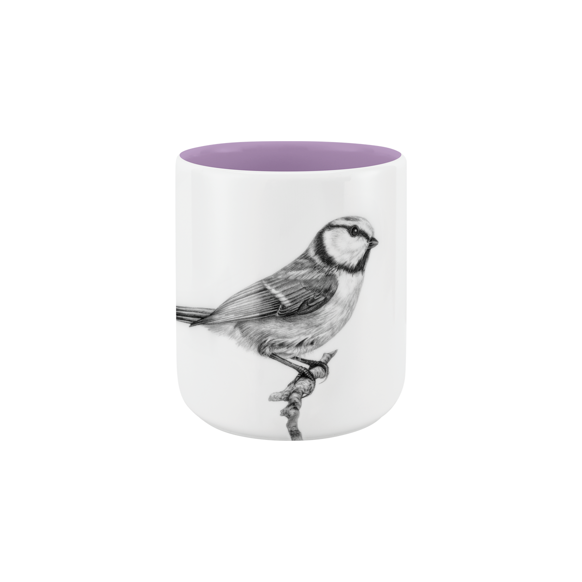 becher ohne henkel . innen farbig . blaumeise auf ast .