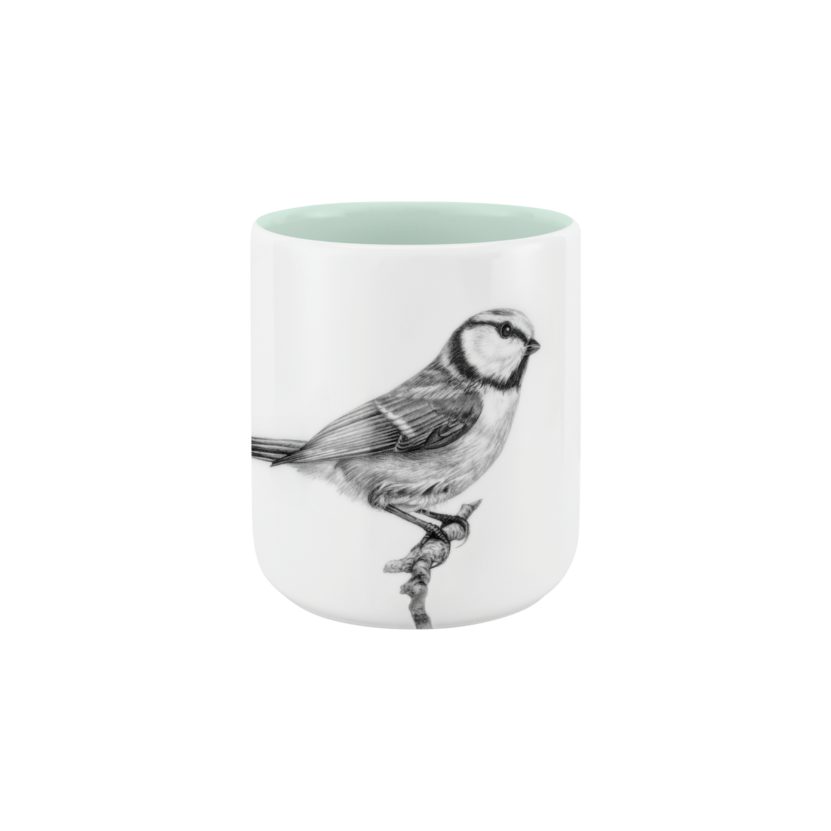 becher ohne henkel . innen farbig . blaumeise auf ast .