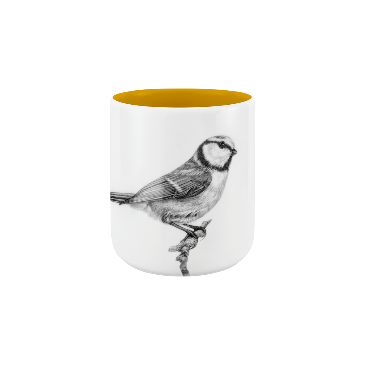becher ohne henkel . innen farbig . blaumeise auf ast .