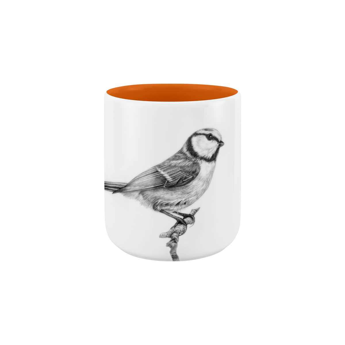 becher ohne henkel . innen farbig . blaumeise auf ast .