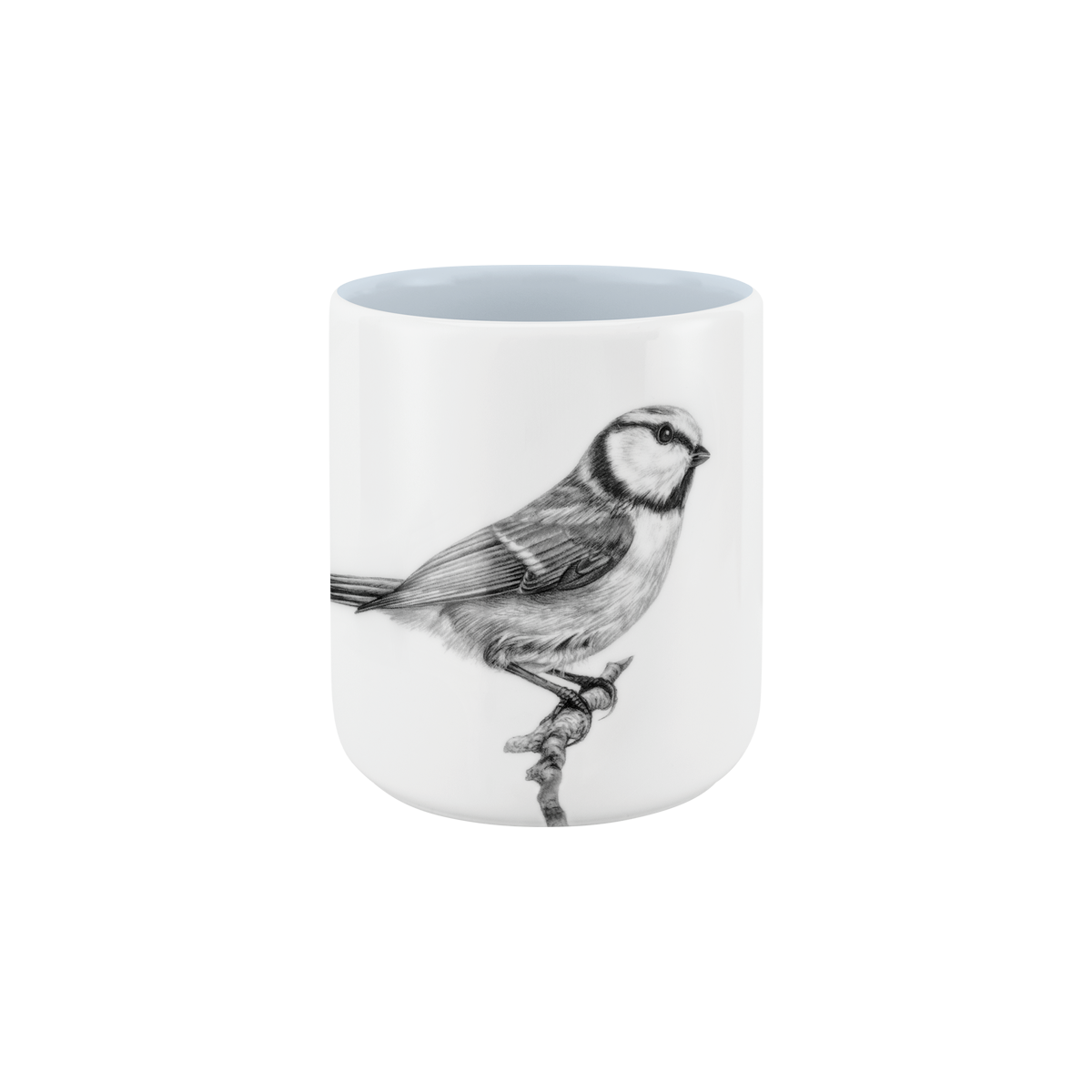 becher ohne henkel . innen farbig . blaumeise auf ast .